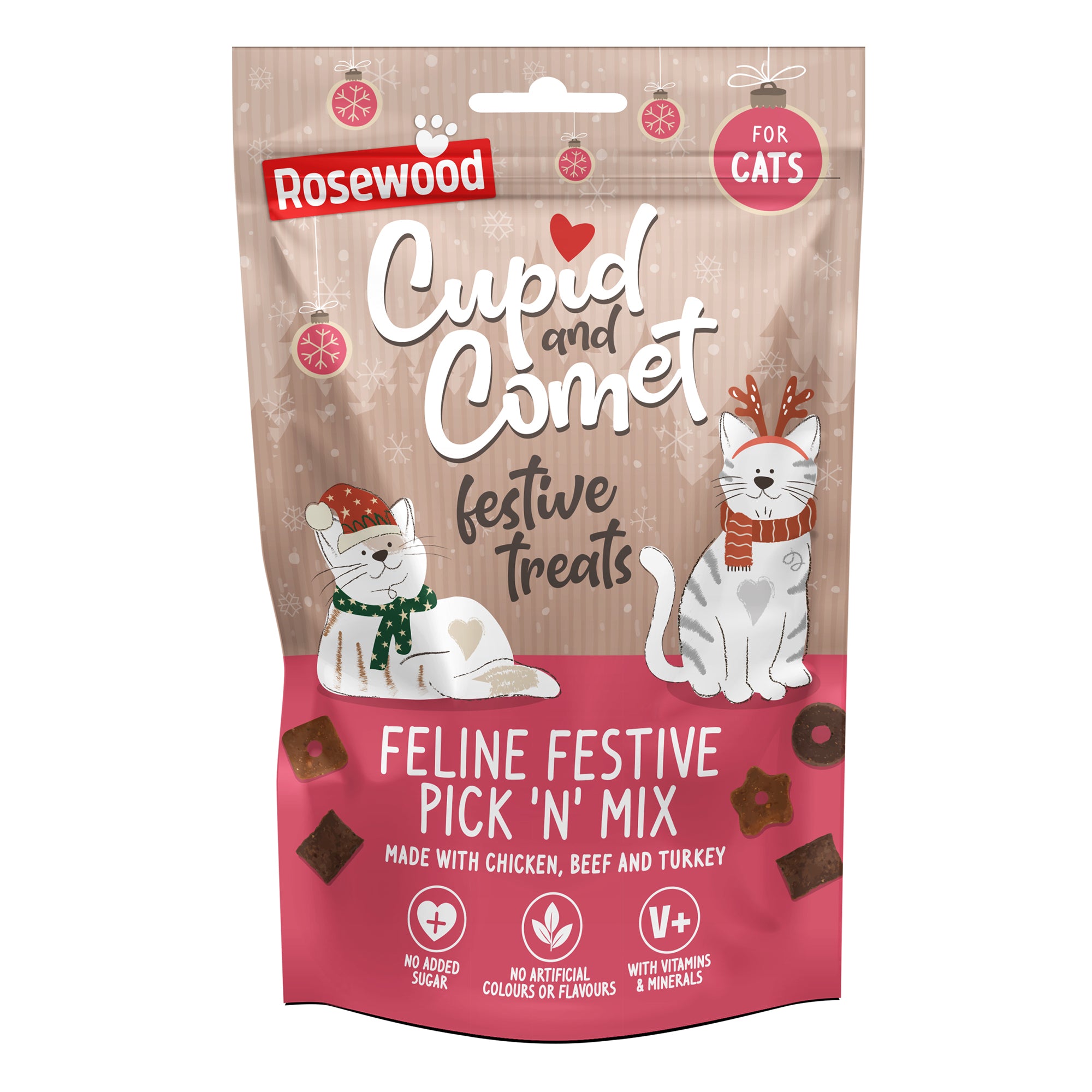 Rosewood Cupid & Comet Feline Festive Pick ‘N’ Mix Christmas cat treats 180g pouch, made with chicken, beef and turkey.