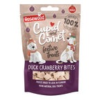 Rosewood Cupid & Comet Freeze-Dried Duck & Cranberry Bites 25g — festive beige and purple packaging with two illustrated dogs wearing Christmas hats and scarves, showing freeze-dried duck bites through a window at the bottom, 100% real meat badge