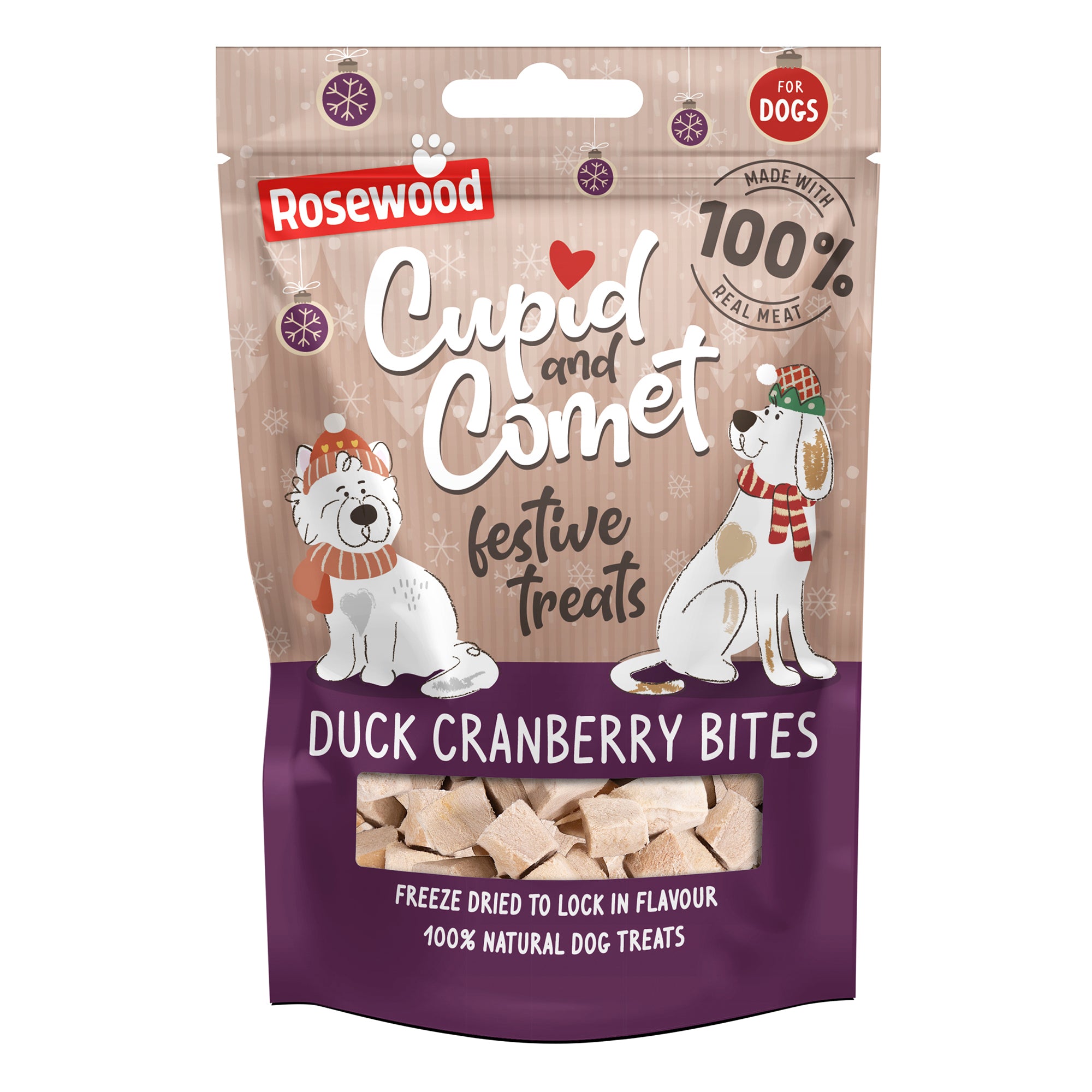 Rosewood Cupid & Comet Freeze-Dried Duck & Cranberry Bites 25g — festive beige and purple packaging with two illustrated dogs wearing Christmas hats and scarves, showing freeze-dried duck bites through a window at the bottom, 100% real meat badge