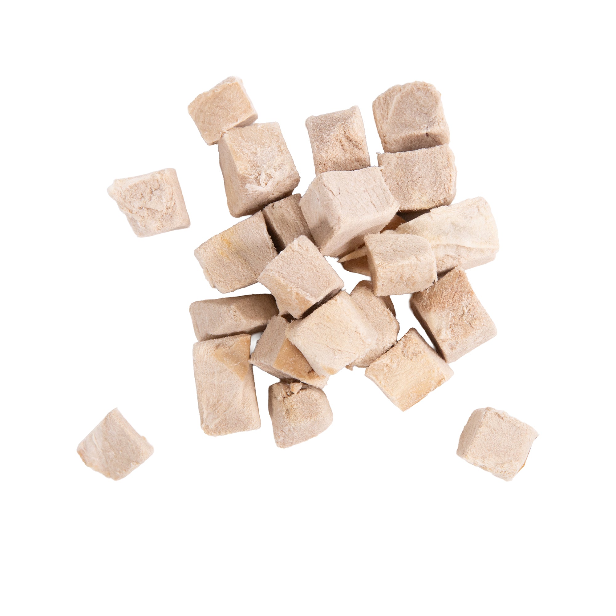 Rosewood Cupid & Comet Freeze-Dried Duck & Cranberry Bites 25g — close-up of pale freeze-dried duck and cranberry bite pieces on a white background