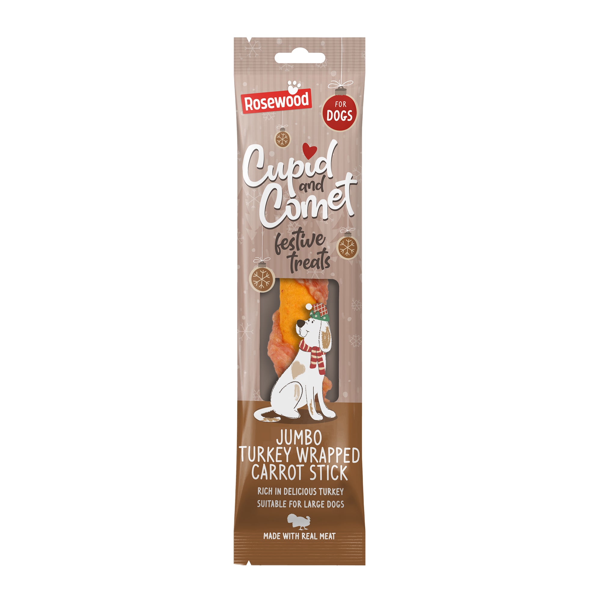 Rosewood Cupid and Comet Jumbo Turkey Wrapped Carrot Stick Festive Dog Treats 70g - packaging showing treat inside, rich in turkey, suitable for large dogs, made with real meat