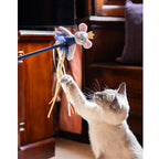 Cat playing with Rosewood Cupid & Comet Marie Mouse Catnip Wand Christmas Cat Toy 31cm
