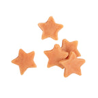 Five star-shaped dog treats in a light orange-brown color, arranged on a plain white background.