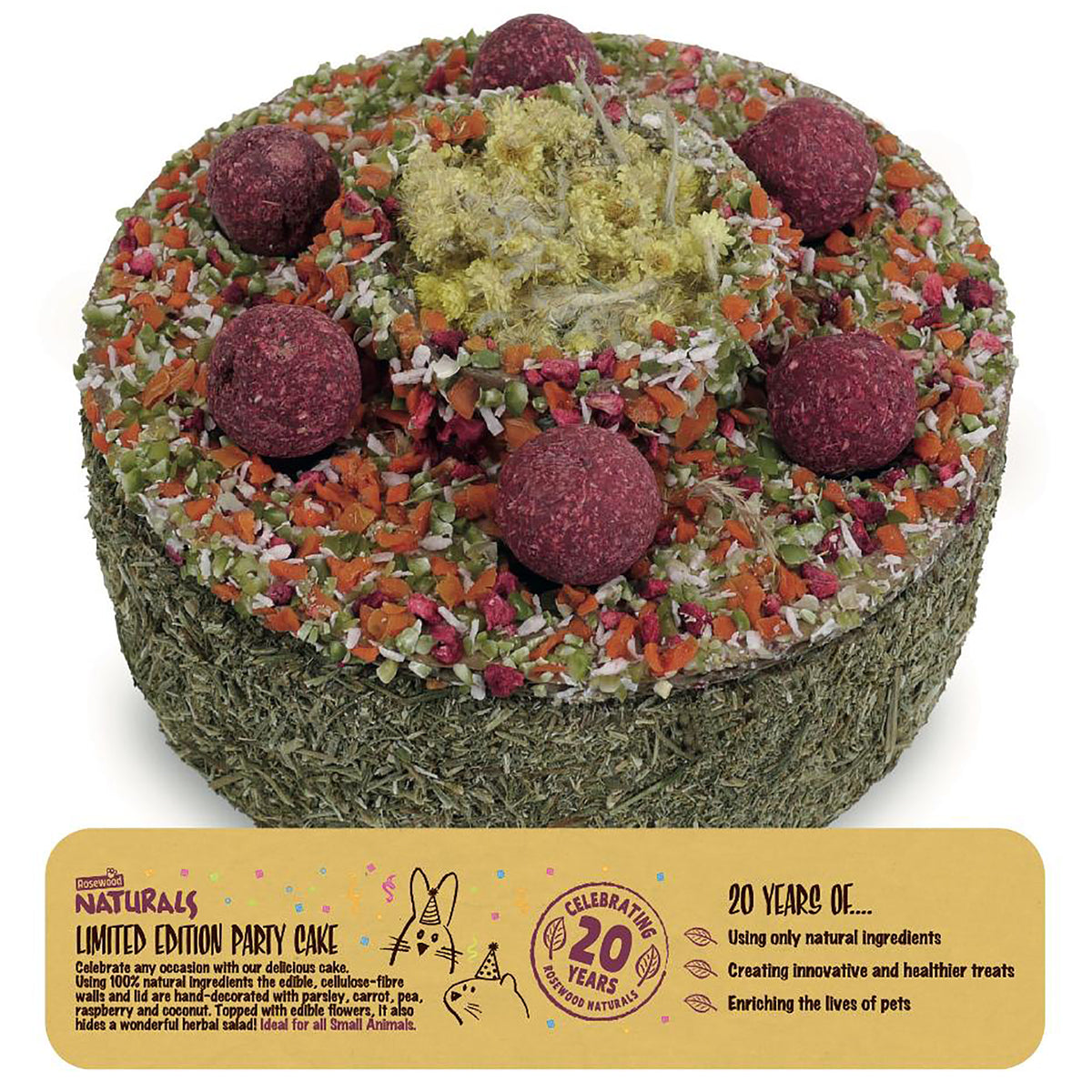 Rosewood Naturals Limited Edition Party Cake for small animals, decorated with veg balls, carrot, pea and edible flowers