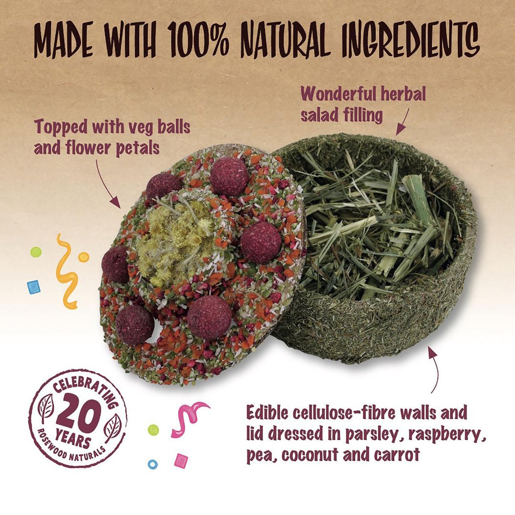 Rosewood Naturals party cake with lid off, showing the herbal salad filling inside the edible walls