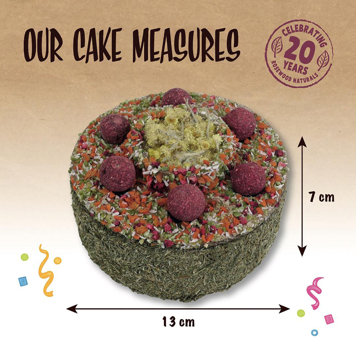 Rosewood Naturals party cake measuring 13cm wide and 7cm high