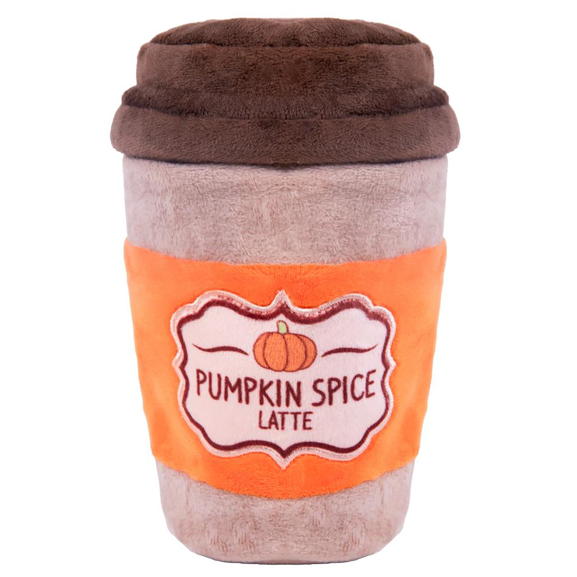 A plush coffee cup toy or pillow designed to look like a pumpkin spice latte, with a brown lid, beige cup body, orange sleeve, and a front label reading 'PUMPKIN SPICE LATTE' with a small pumpkin graphic.