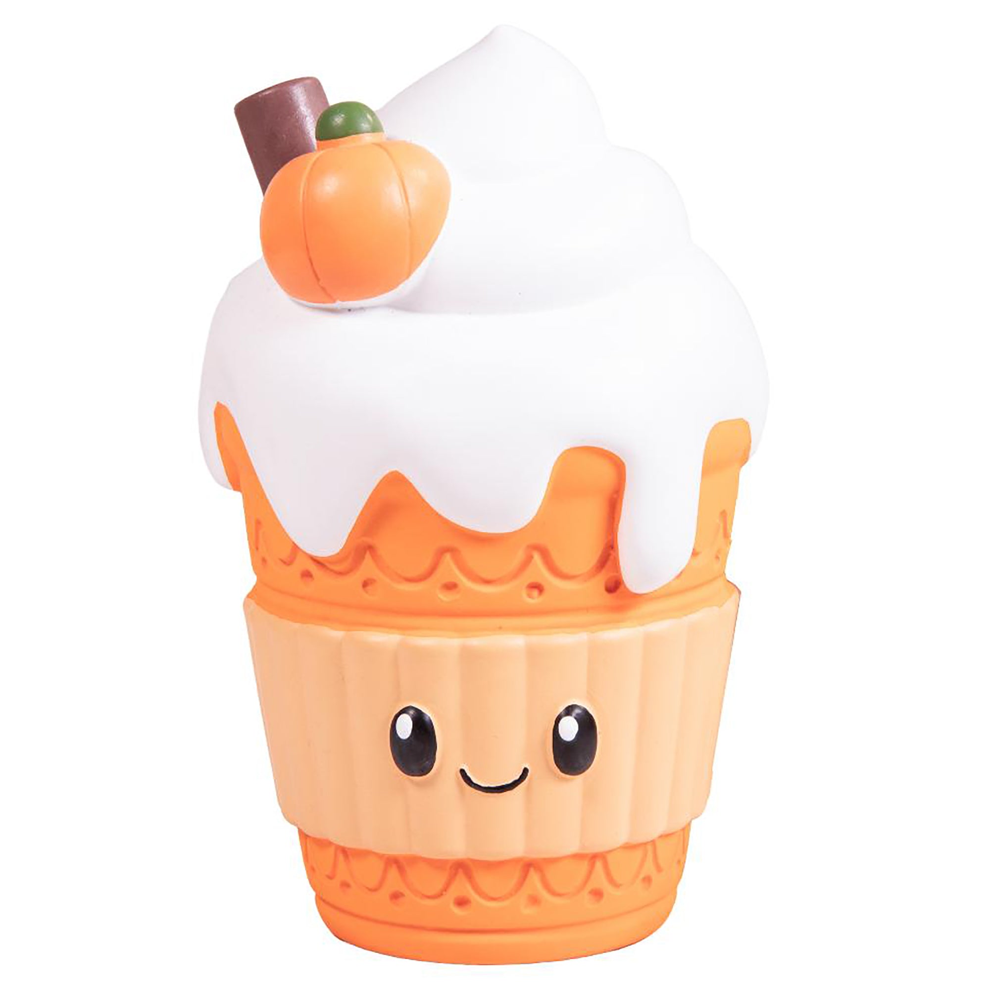 A cute, smiling pumpkin cupcake novelty item with white frosting, an orange pumpkin topper, and a chocolate drizzle, shown on a plain white background.
