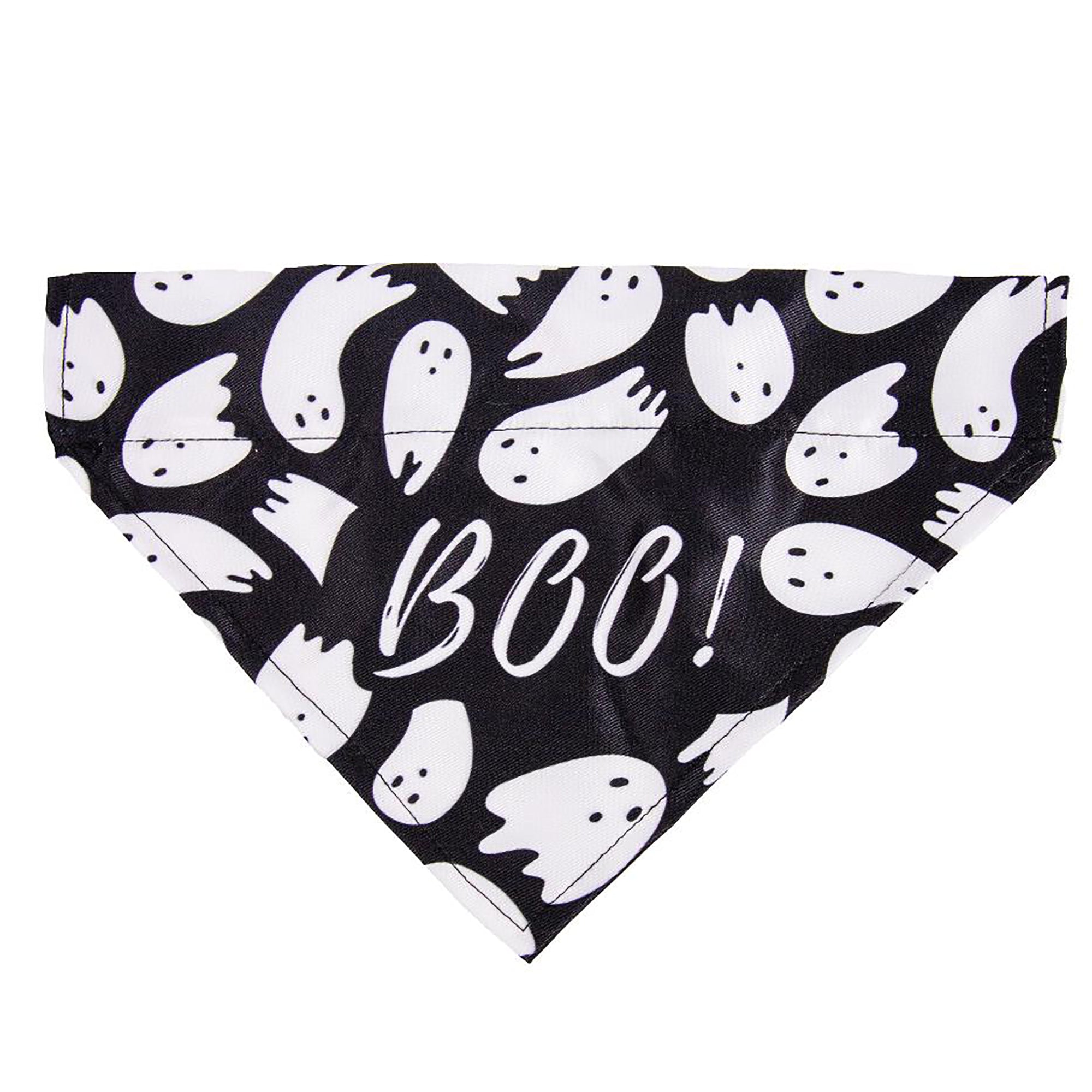 Rosewood Slide-On Halloween Dog Bandana in black with white ghost print and Boo! text