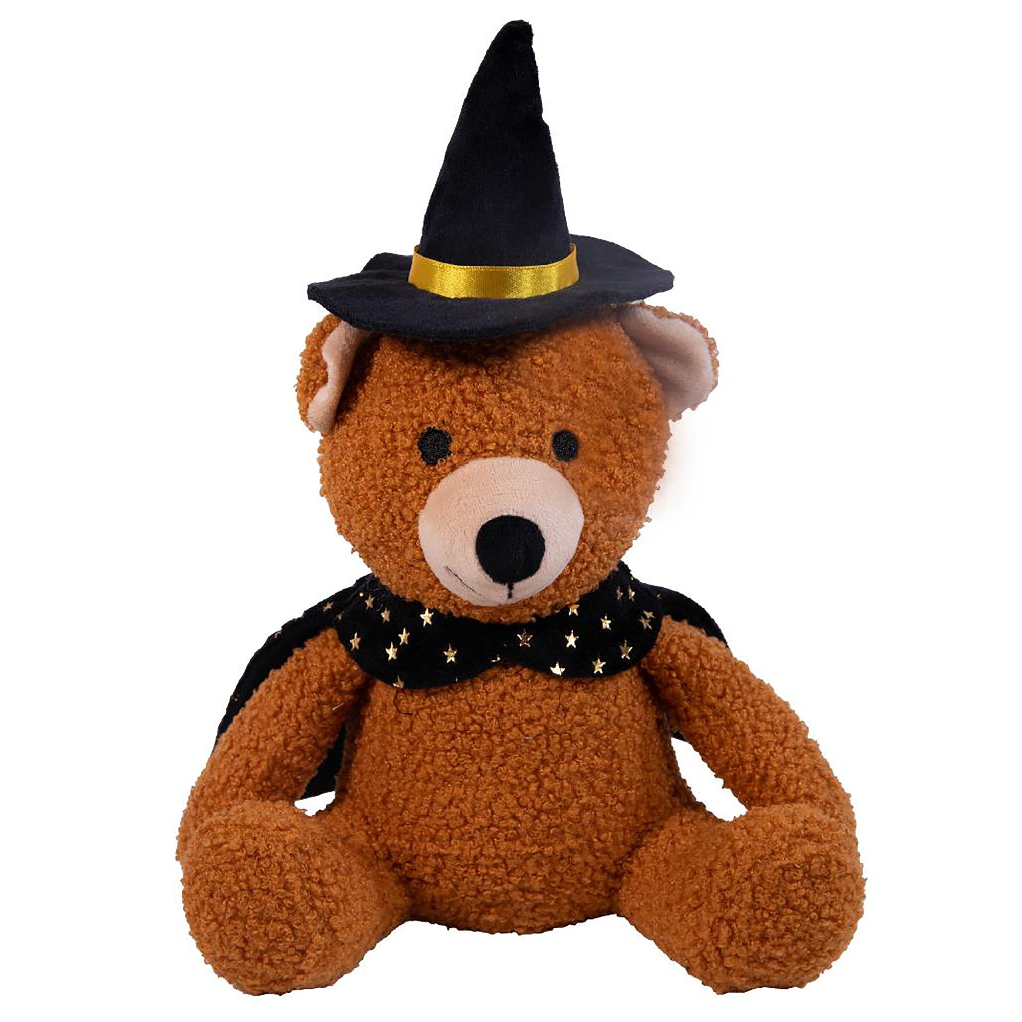 A brown teddy bear wearing a black witch hat with a gold band and a black cape with gold stars, photographed against a plain white background.