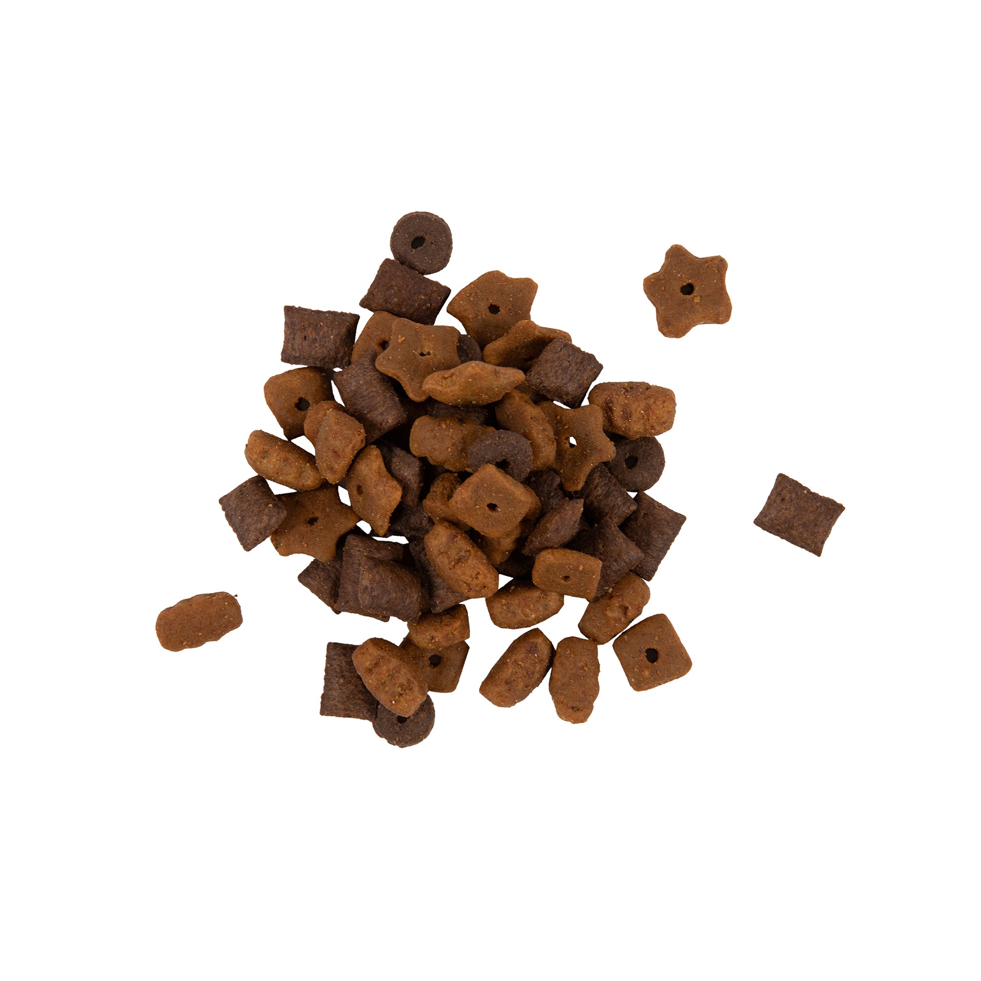 Assorted Rosewood Cupid & Comet festive cat treats in various shapes on a white background