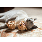 Cat playing beside Rosewood Cupid & Comet festive catnip pie plush toys