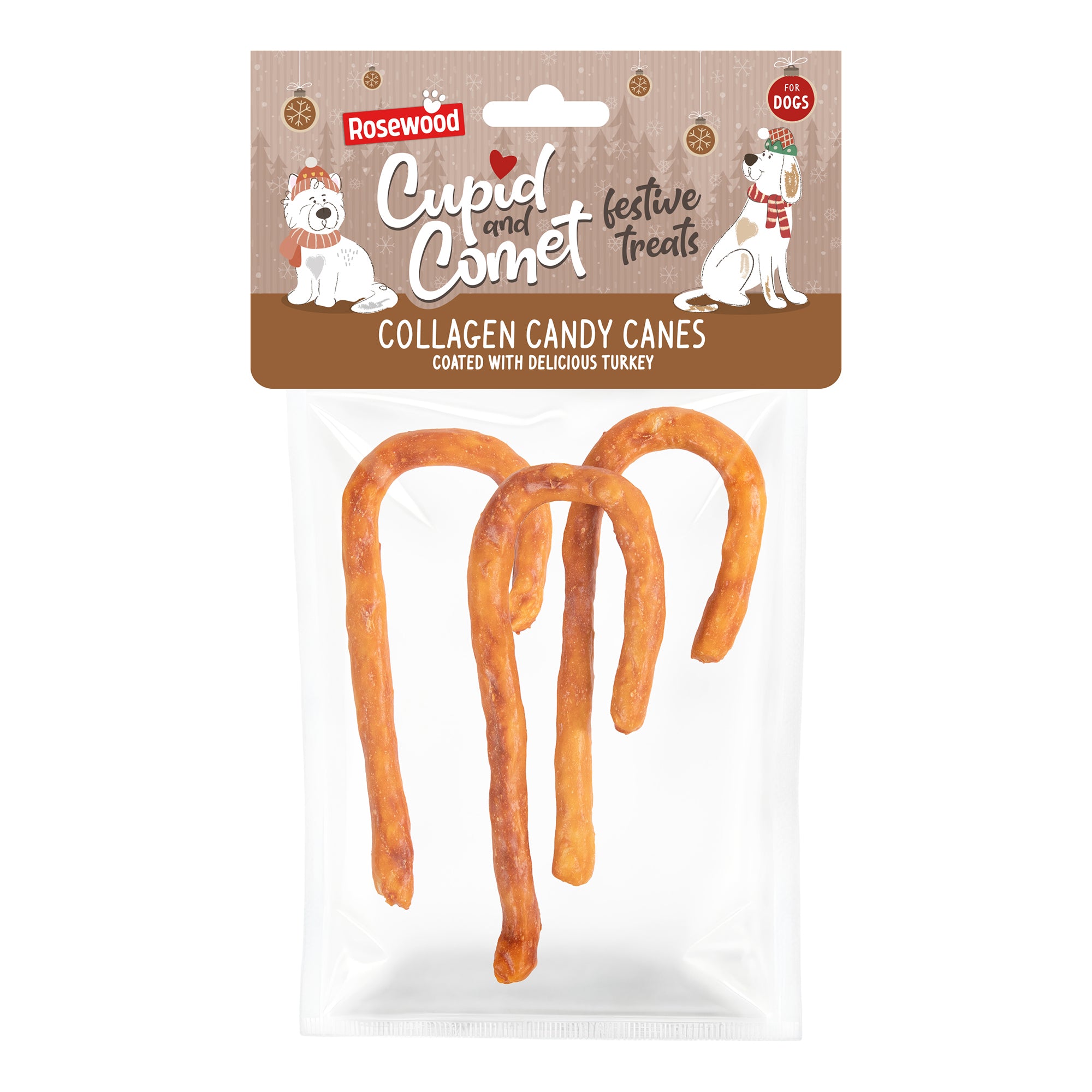 Rosewood Cupid & Comet Festive Collagen Candy Cane Dog Treats 3 Pack 15g packaging