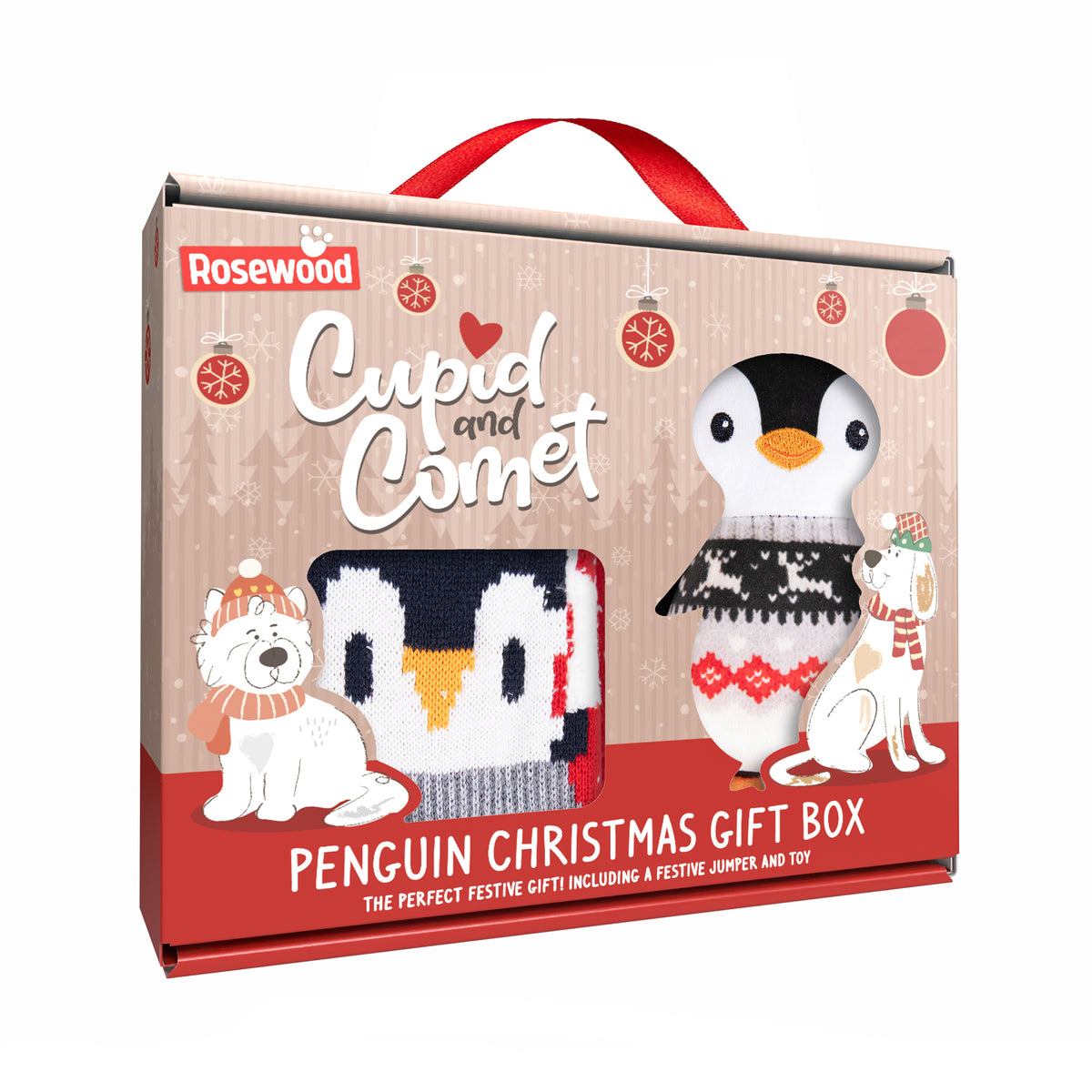 Rosewood Cupid and Comet Penguin Christmas Gift Box, featuring a festive red and beige cardboard box with illustrations of a penguin, a dog, and a dog wearing Christmas sweaters and scarves, complete with a red hanging ribbon.