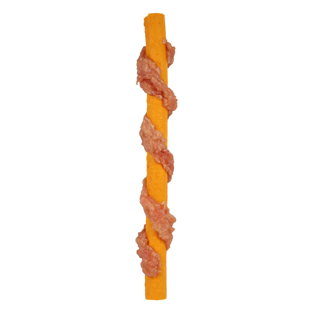 Rosewood Cupid and Comet Jumbo Turkey Wrapped Carrot Stick 70g - close up of orange carrot stick wrapped with real turkey meat pieces, on white background