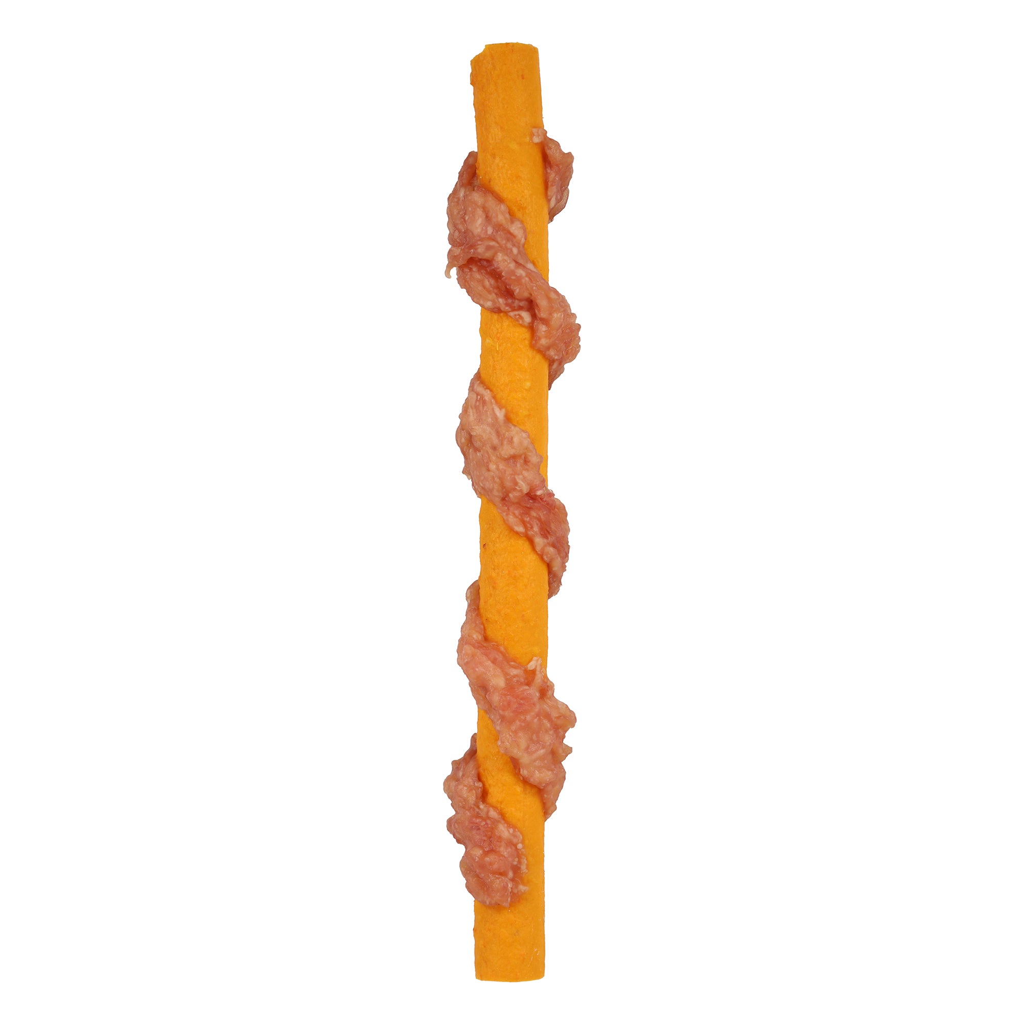 Rosewood Cupid and Comet Jumbo Turkey Wrapped Carrot Stick 70g - close up of orange carrot stick wrapped with real turkey meat pieces, on white background