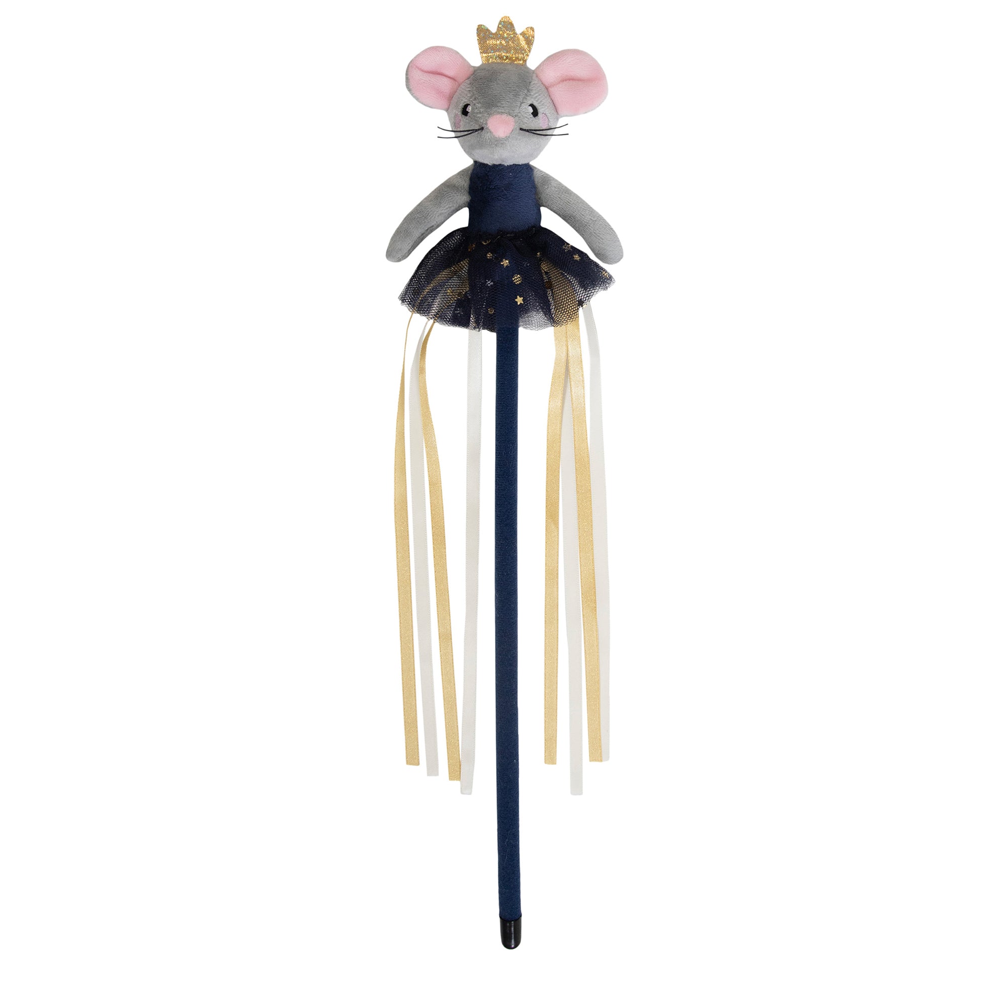 Rosewood Cupid & Comet Marie Mouse Catnip Wand Christmas Cat Toy 31cm with navy tutu, gold crown and ribbons