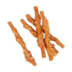 Rosewood Cupid & Comet Turkey Wrapped Carrot Sticks 100g — close-up of twisted turkey wrapped carrot sticks on a white background