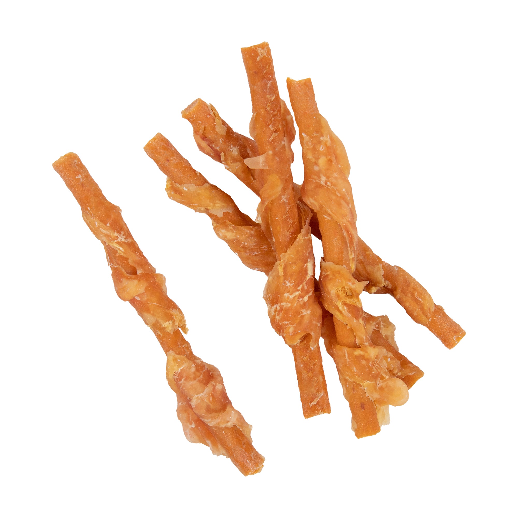 Rosewood Cupid & Comet Turkey Wrapped Carrot Sticks 100g — close-up of twisted turkey wrapped carrot sticks on a white background