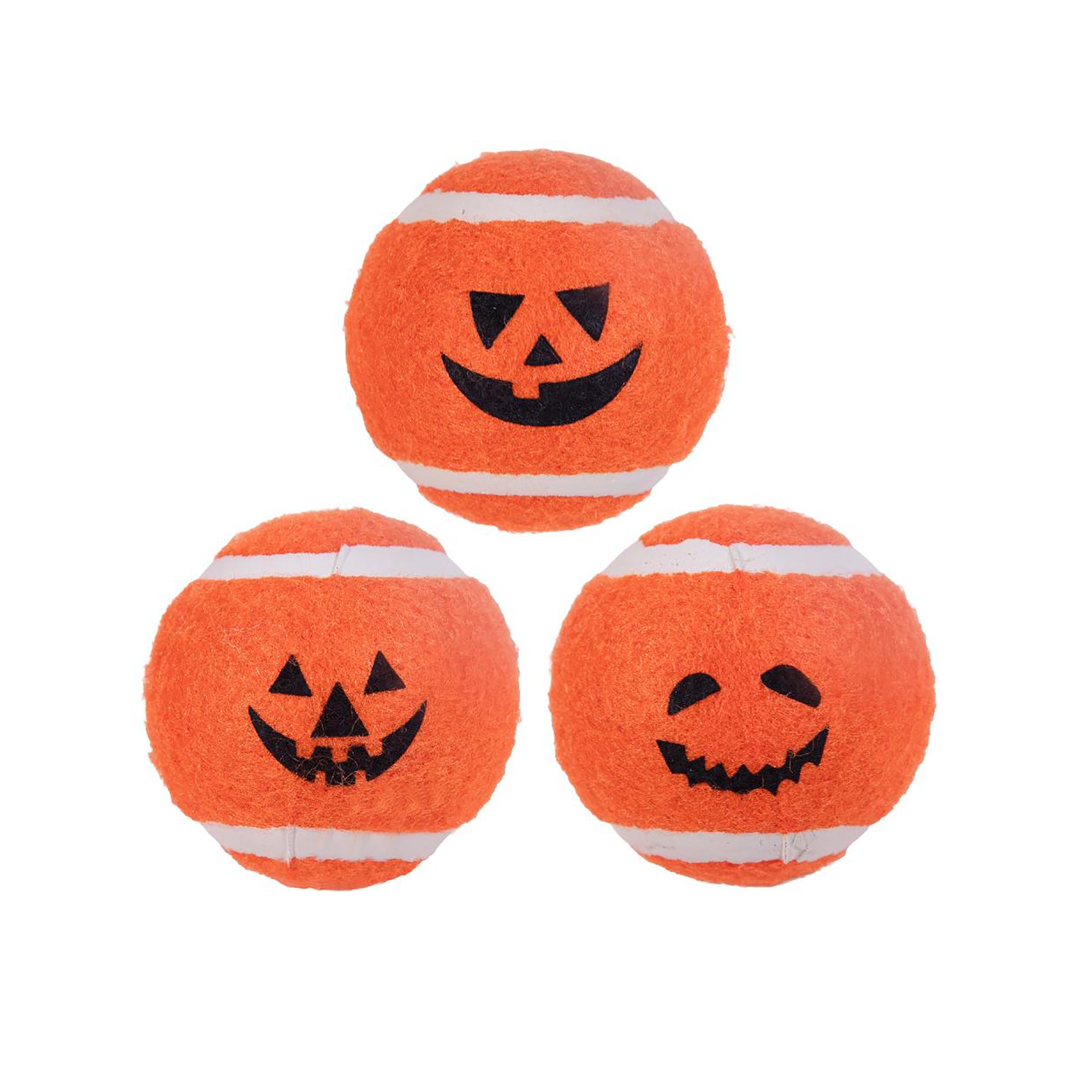 Three orange fuzzy tennis balls with white stripes, each printed with a black jack-o'-lantern face, arranged in a triangle on a white background.