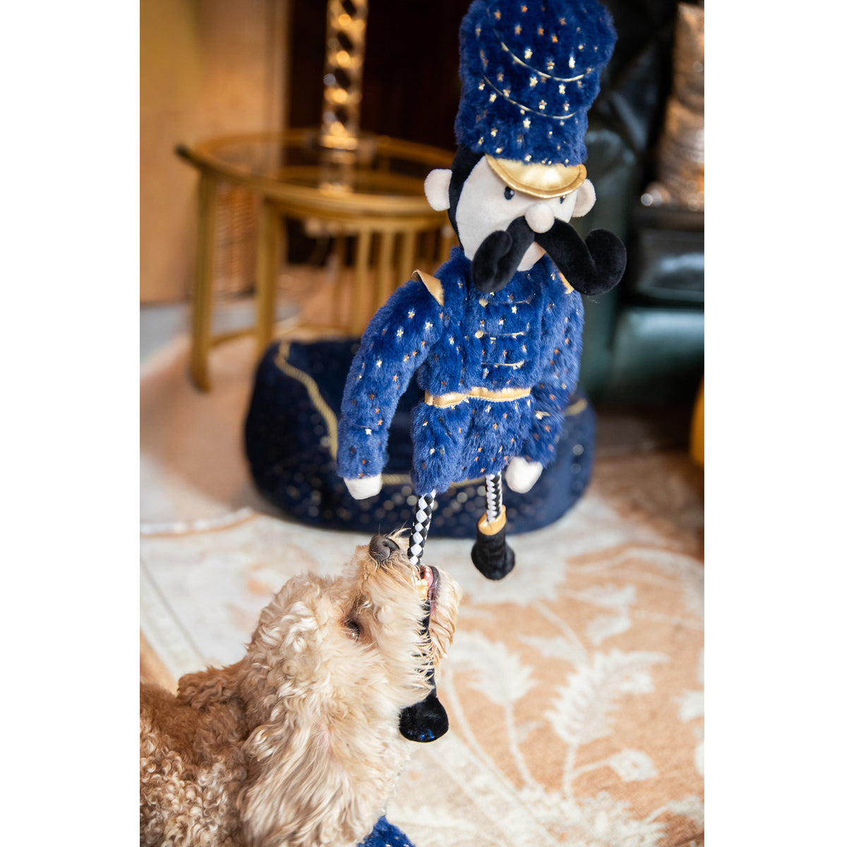 Dog playing with Rosewood Plush Nutcracker Rope Christmas Dog Toy