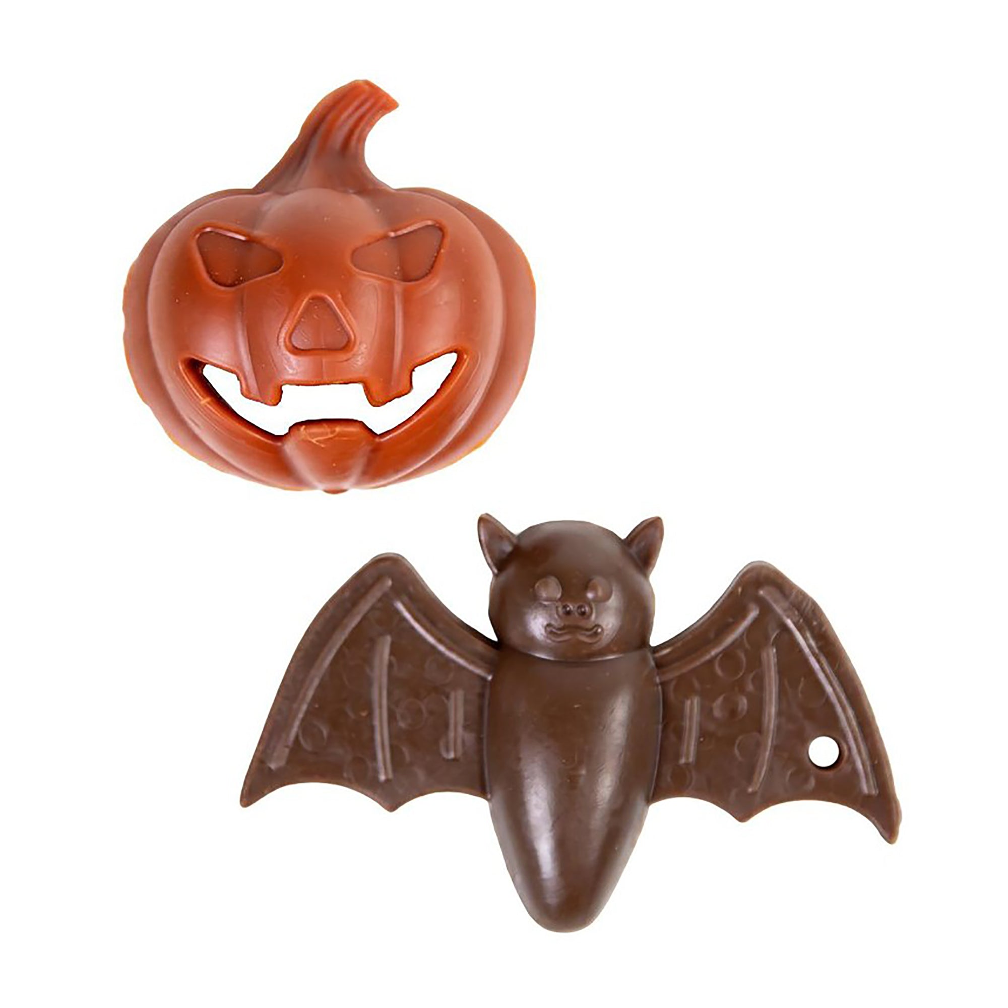 Rosewood Spirit & Spook Bat and Pumpkin Halloween dental dog chews, brown bat and pumpkin shaped chews on white background