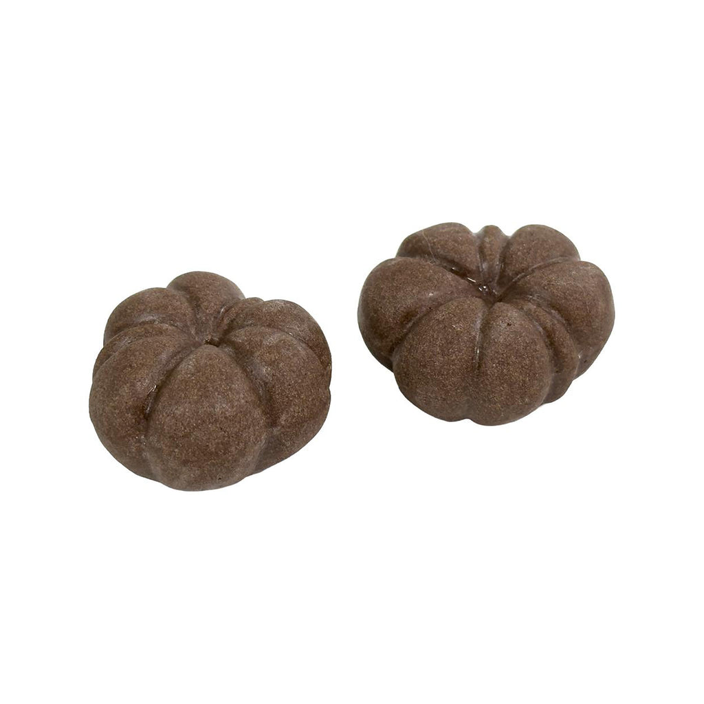 Rosewood Pumpkin Shaped Carob Halloween dog treats with pumpkin filling, two brown carob pumpkin treats on white background