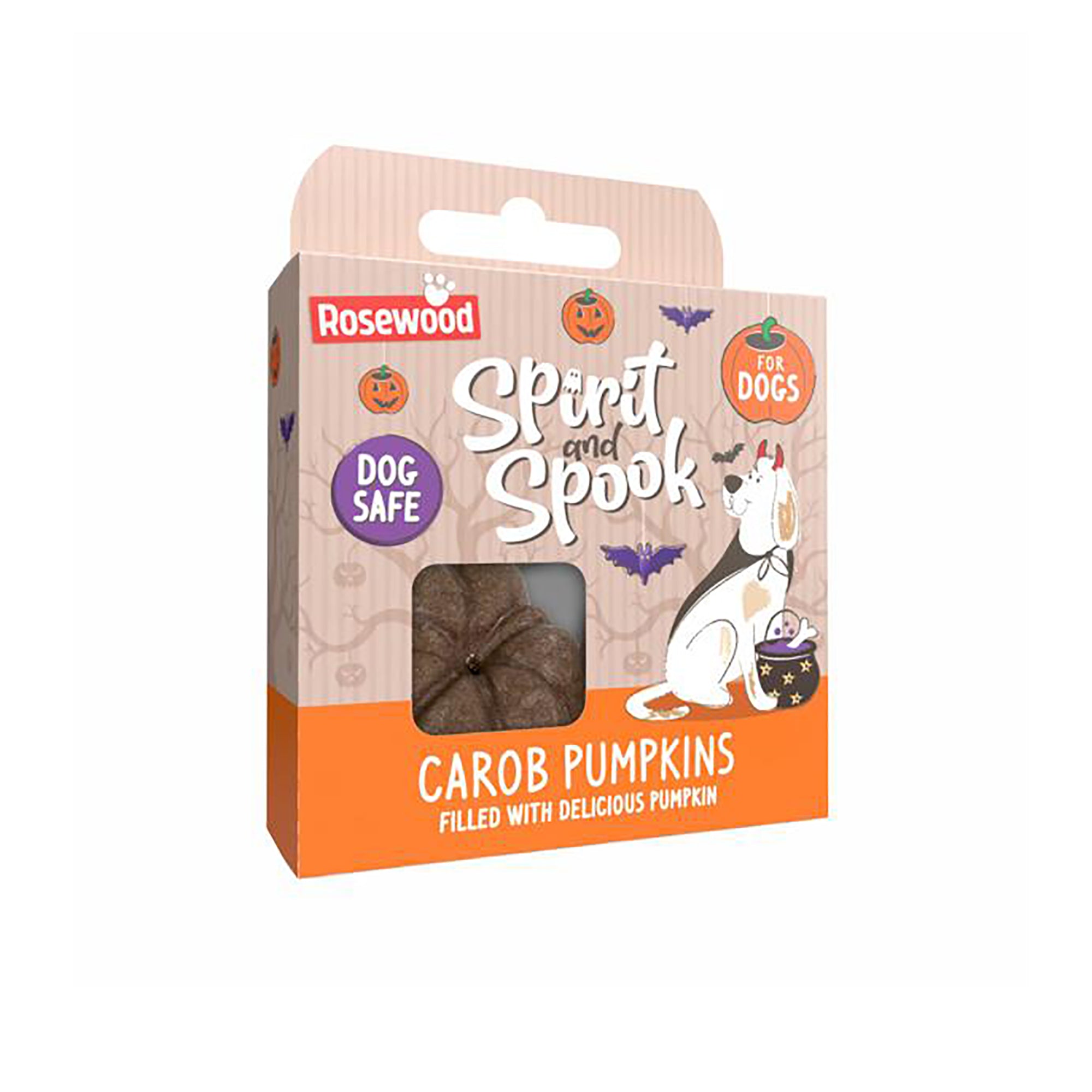 Rosewood Dog Spirit and Spook Carob Pumpkins packaged in a Halloween-themed cardboard box with a clear window showing the brown carob pumpkin treats inside.