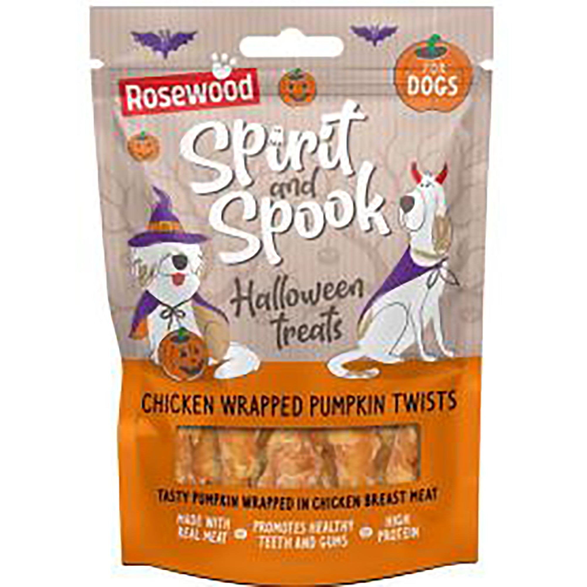 Rosewood Spirit & Spook Halloween Dog Treats 100g packaging — Chicken Wrapped Pumpkin Twists, made with real chicken breast meat, high protein, promotes healthy teeth and gums