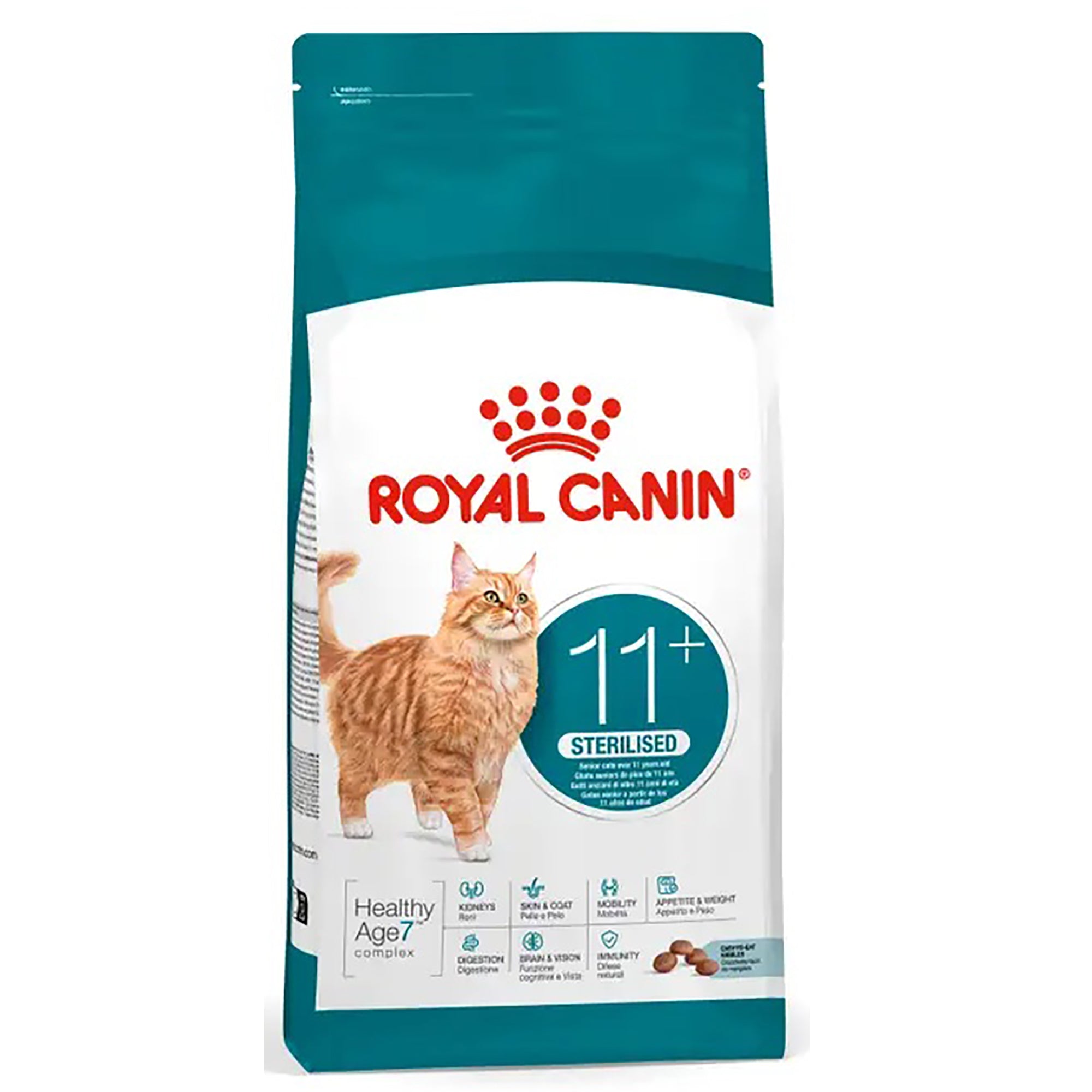 A bag of Royal Canin 11+ Sterilised cat food for healthy age 7+ cats, featuring a white and teal package with an orange tabby cat illustration and the Royal Canin logo.