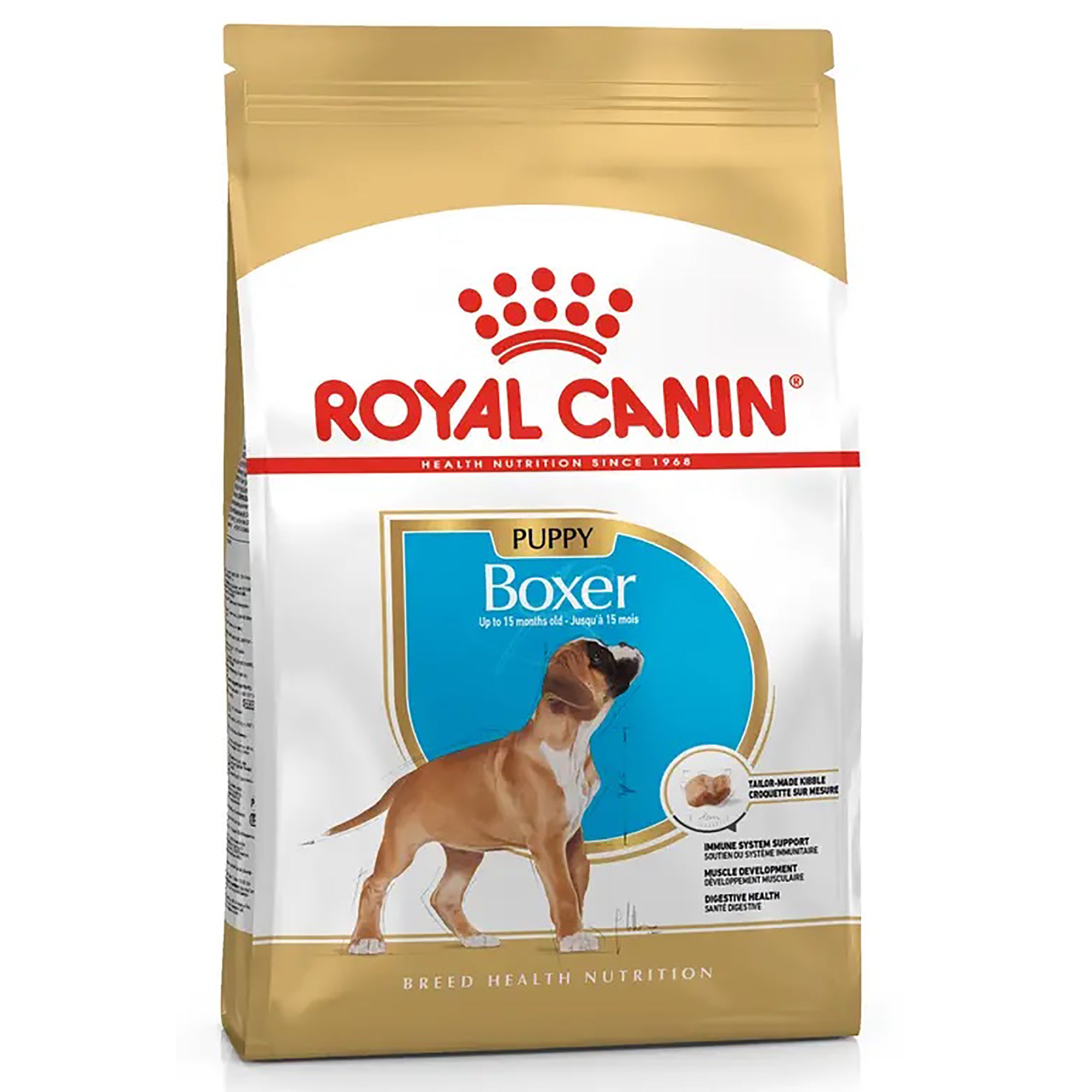 A bag of Royal Canin Puppy Boxer dog food, featuring a white and gold package with a picture of a puppy boxer and the Royal Canin logo.
