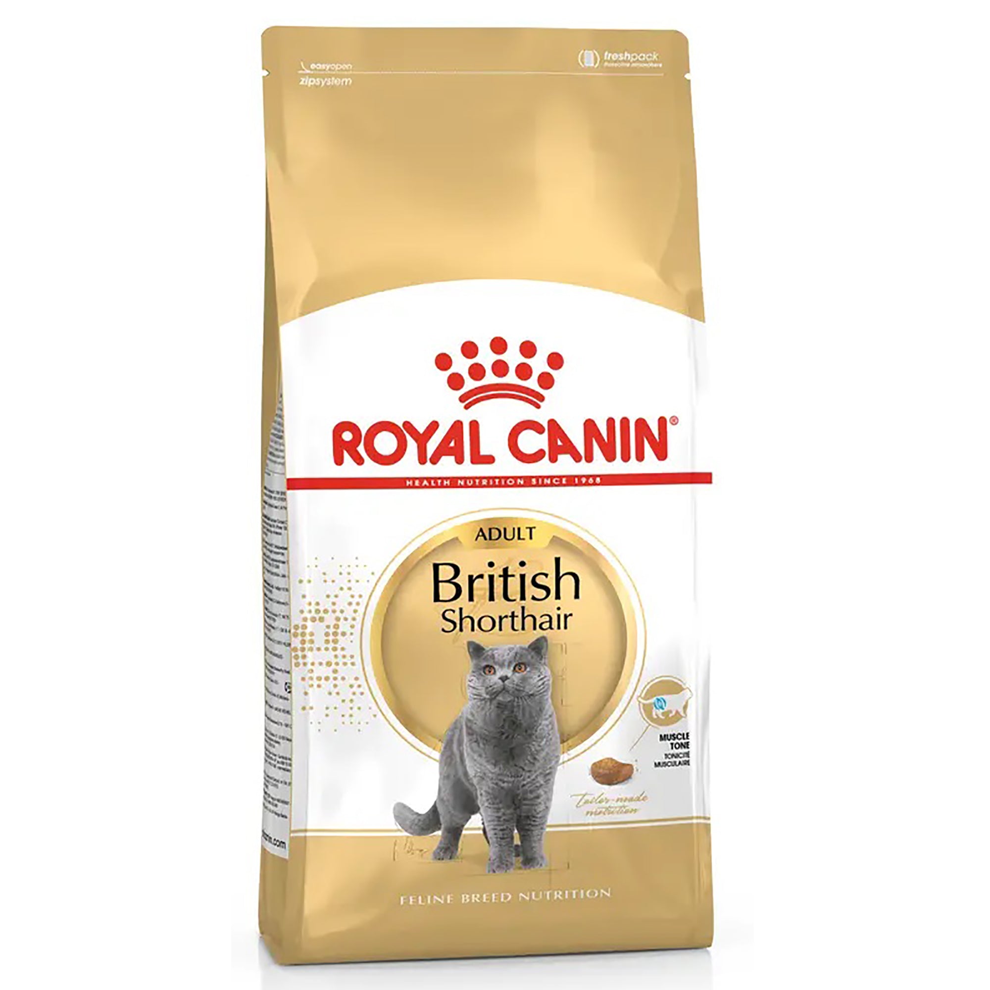 A bag of Royal Canin Adult British Shorthair cat food, featuring a gold and white package design with a picture of a gray British Shorthair cat on the front.
