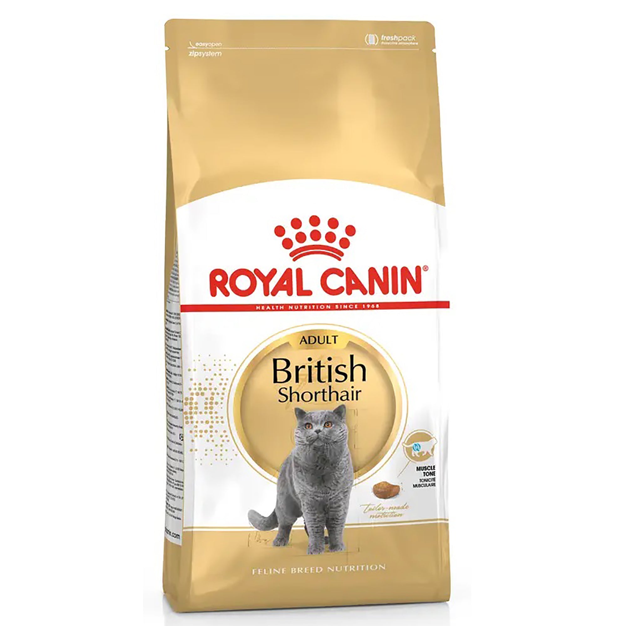A bag of Royal Canin Adult British Shorthair cat food, featuring a gold and white package with a picture of a gray British Shorthair cat.