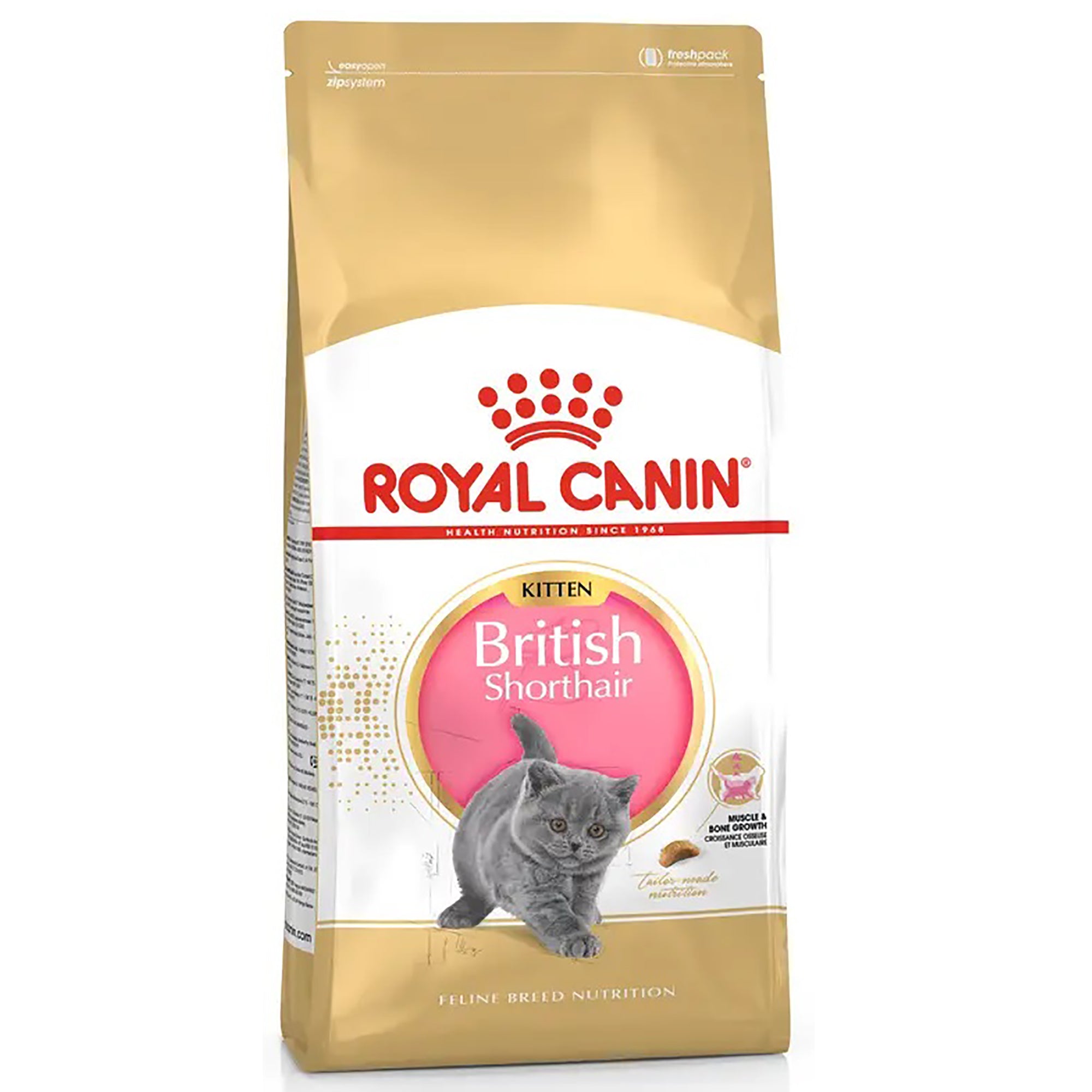 A bag of Royal Canin Kitten British Shorthair cat food, featuring a gold and white package design with a picture of a gray kitten on a pink circular label.