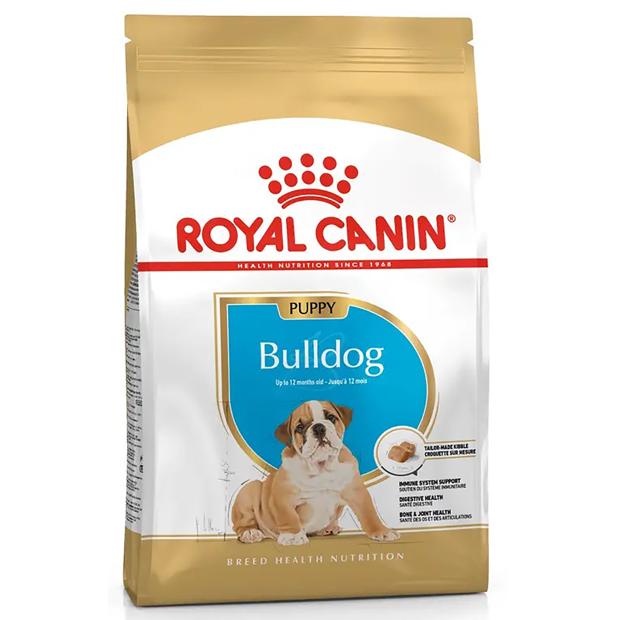 A bag of Royal Canin Bulldog puppy dog food, featuring a white and gold package design with a blue central panel, a photo of a bulldog, and the Royal Canin logo at the top.