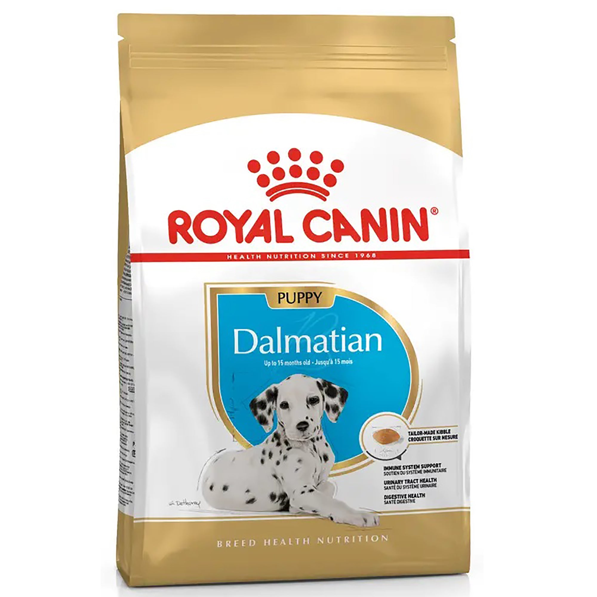 A bag of Royal Canin Dalmatian Puppy dry dog food, featuring a white and gold package with a blue central panel and an illustration of a Dalmatian.