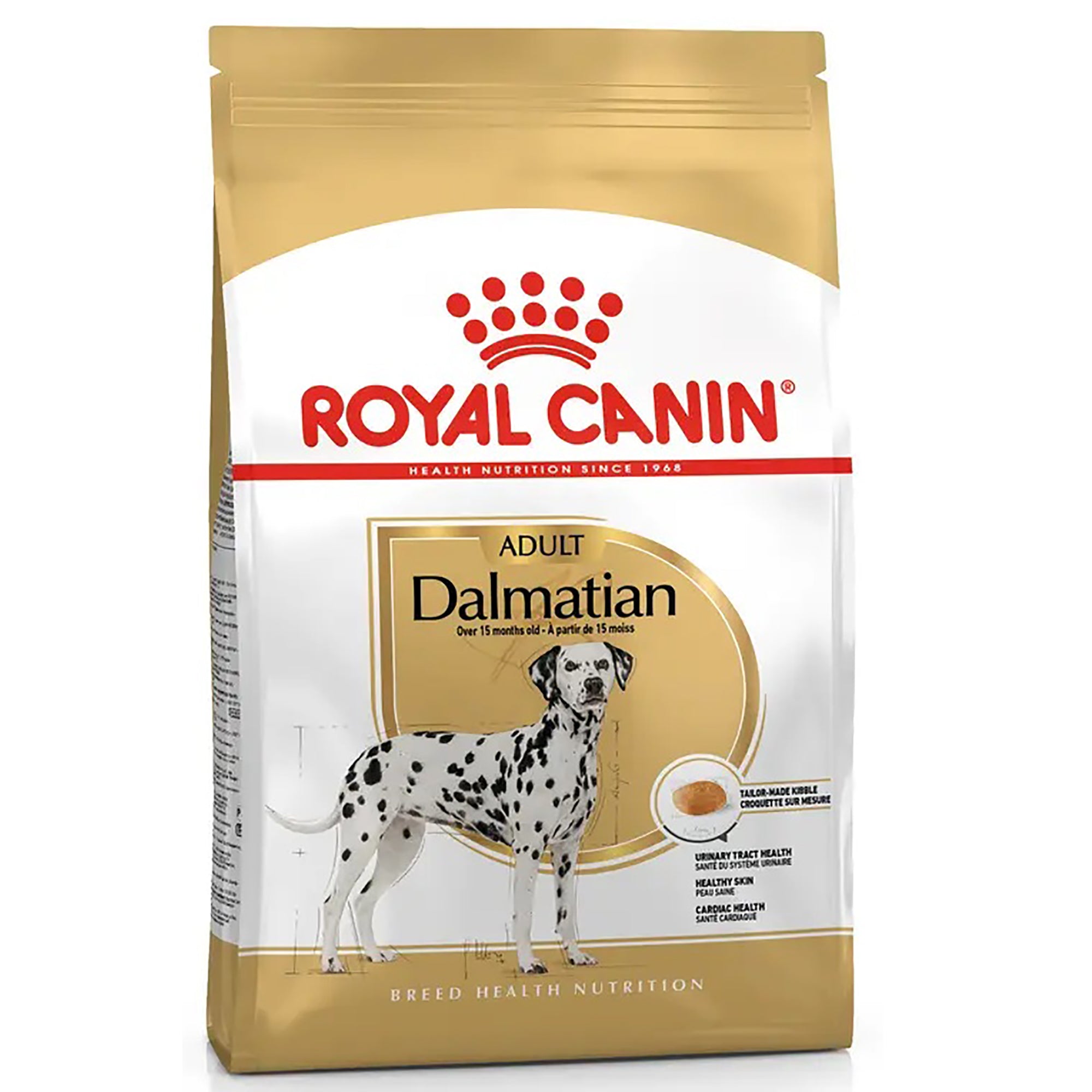 A bag of Royal Canin Dalmatian Adult dog food, featuring a white and gold package with a picture of a Dalmatian and the red Royal Canin logo.