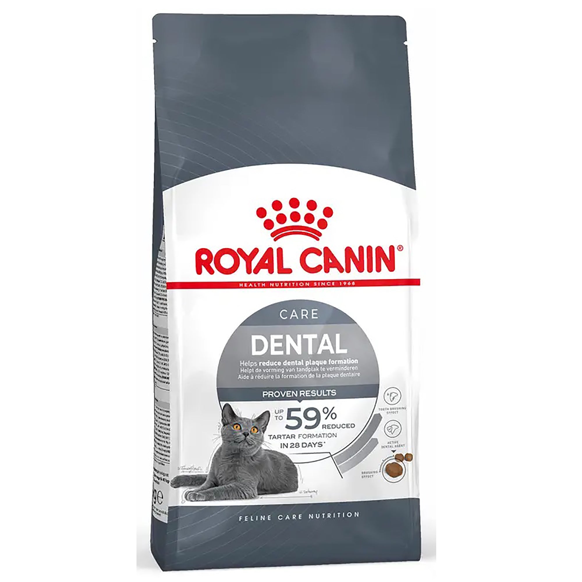 A bag of Royal Canin Care Dental cat food, featuring a dark gray and white package design with a red Royal Canin logo and an illustration of a gray cat.