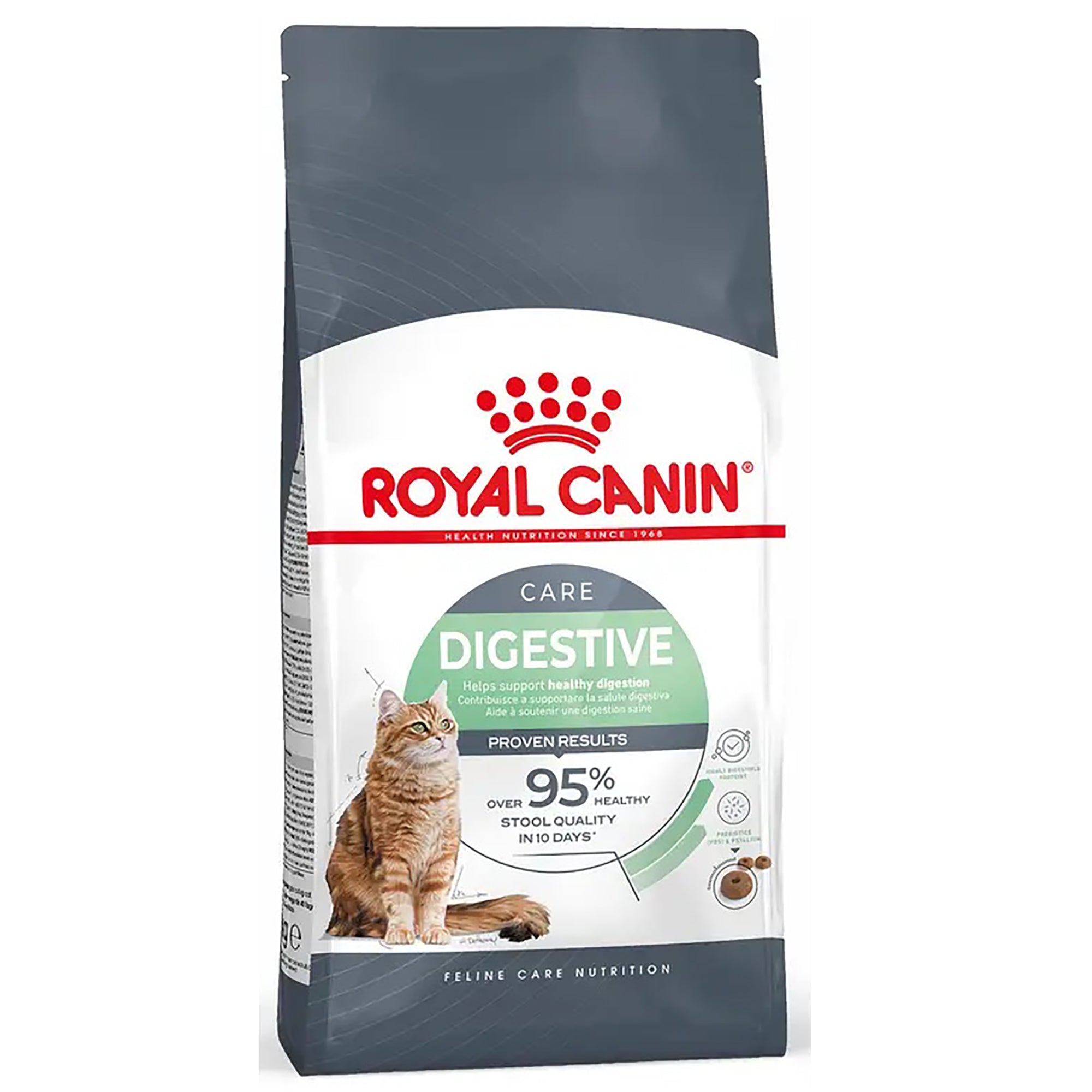 A bag of Royal Canin Care Digestive cat food, featuring a dark gray and white package with a red Royal Canin logo, a green digestive badge, and an image of an orange tabby cat.