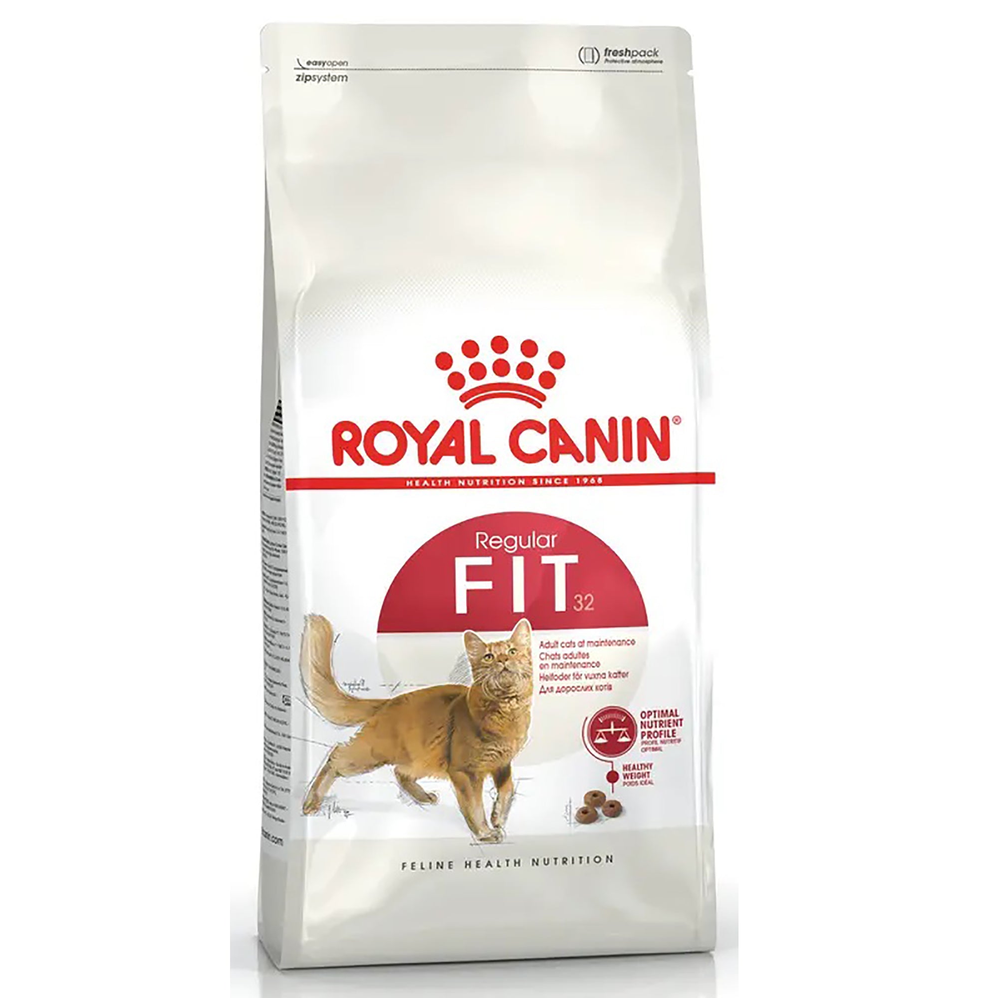A bag of Royal Canin Regular FIT 32 cat food, featuring a white package with red branding, a picture of an orange tabby cat, and a few kibble pieces on a clean white background.