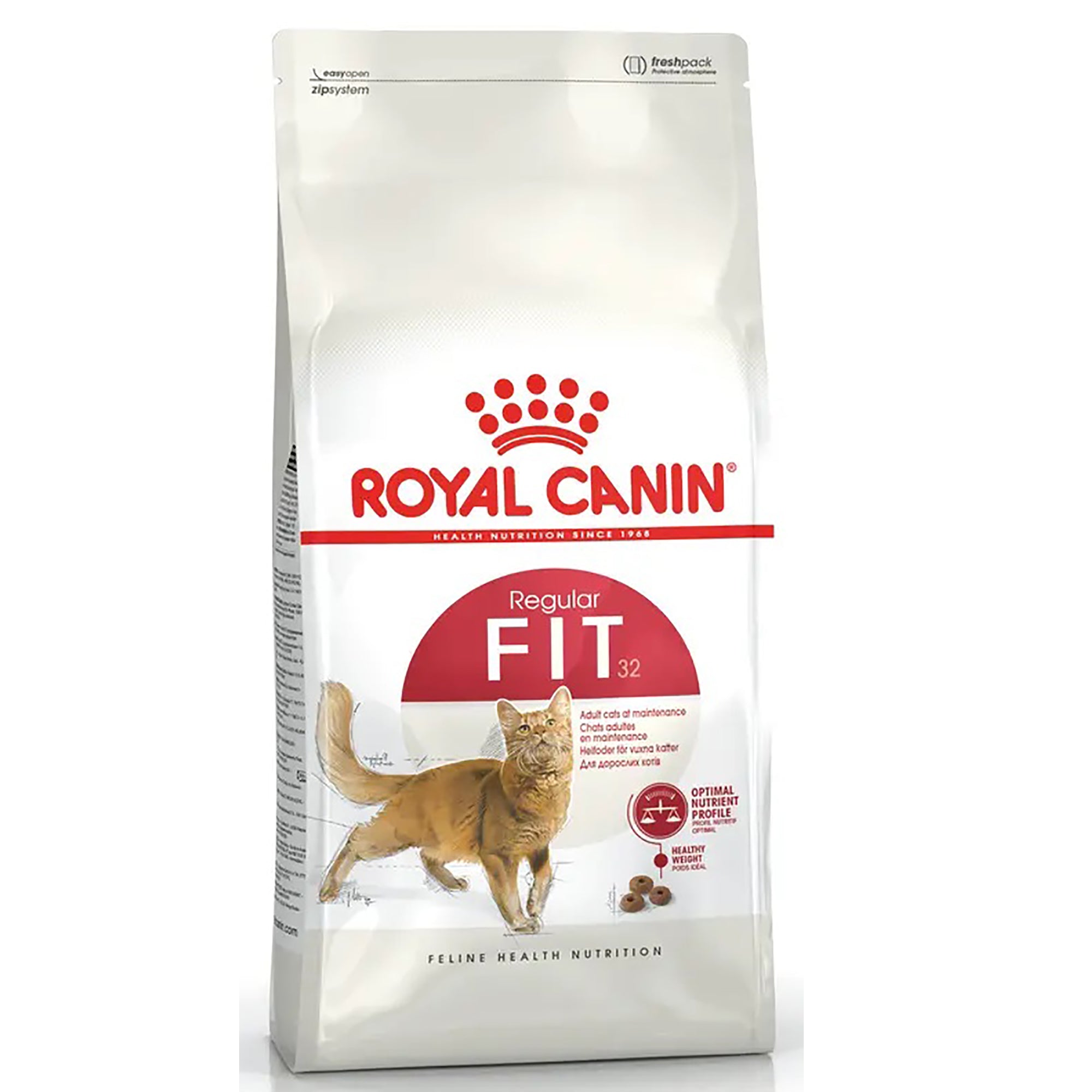 A bag of Royal Canin FIT 32 Regular cat food, featuring a white bag with red branding, a picture of an orange tabby cat, and kibble pieces on a white background.