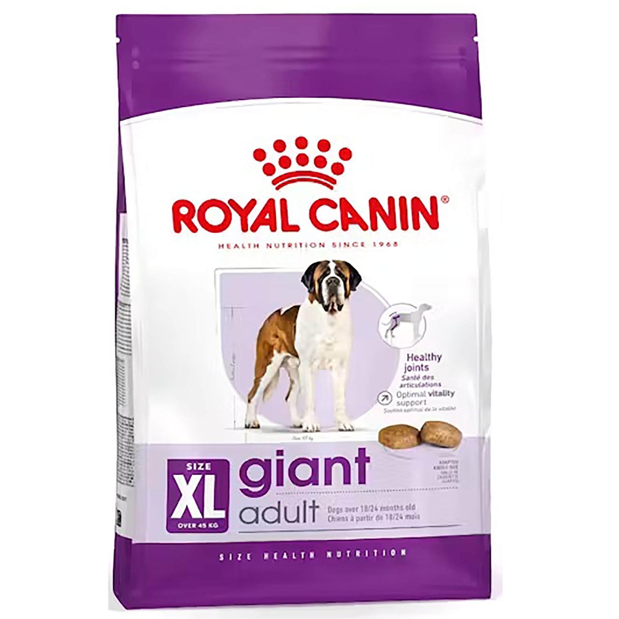 A bag of Royal Canin Giant Adult dog food, size XL, featuring a white and purple package with a red Royal Canin logo and an image of a brown and white dog.