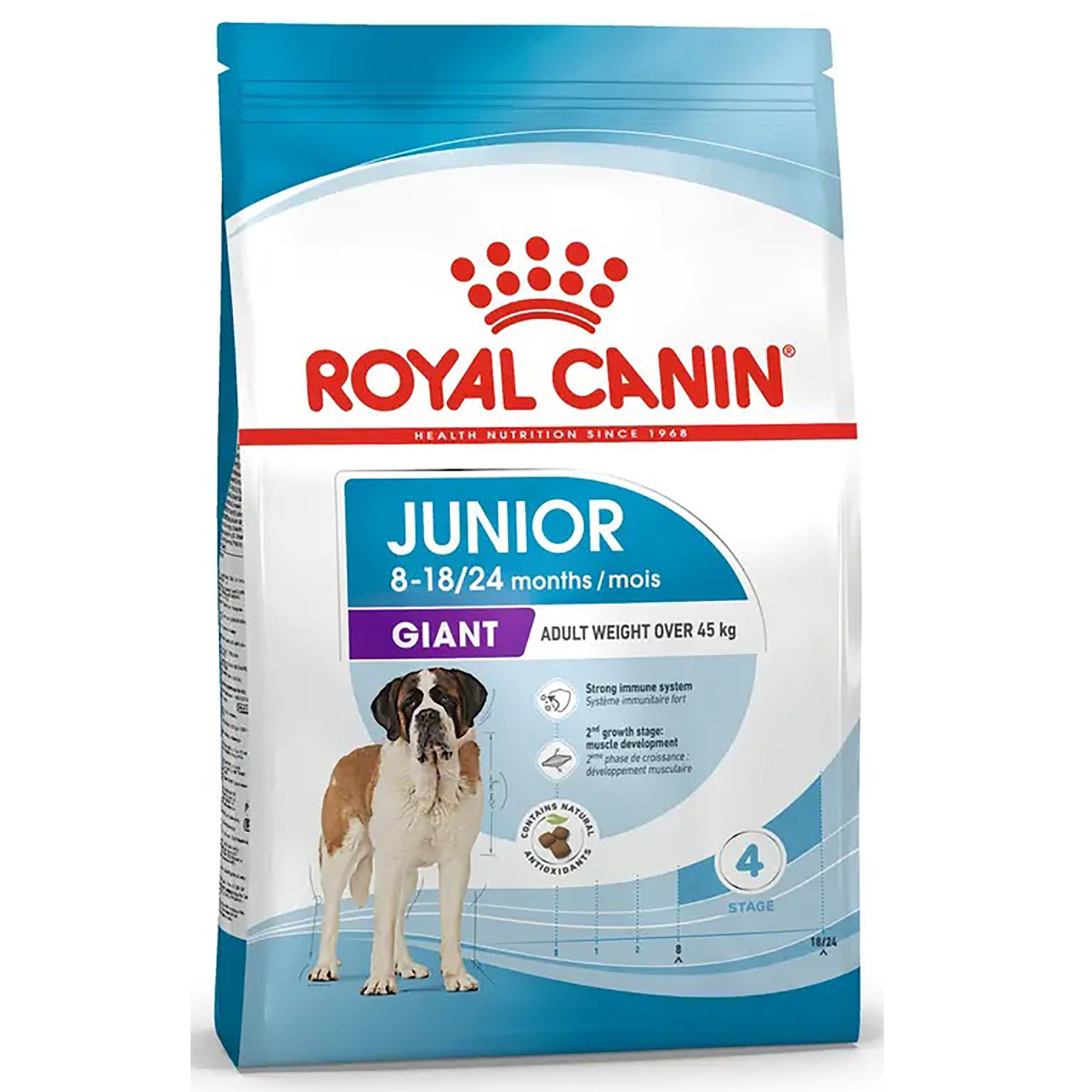 A bag of Royal Canin Junior Giant dog food, designed for adult weight over 45 kg, featuring a Saint Bernard dog illustration on the front. The packaging is white and blue with red branding.