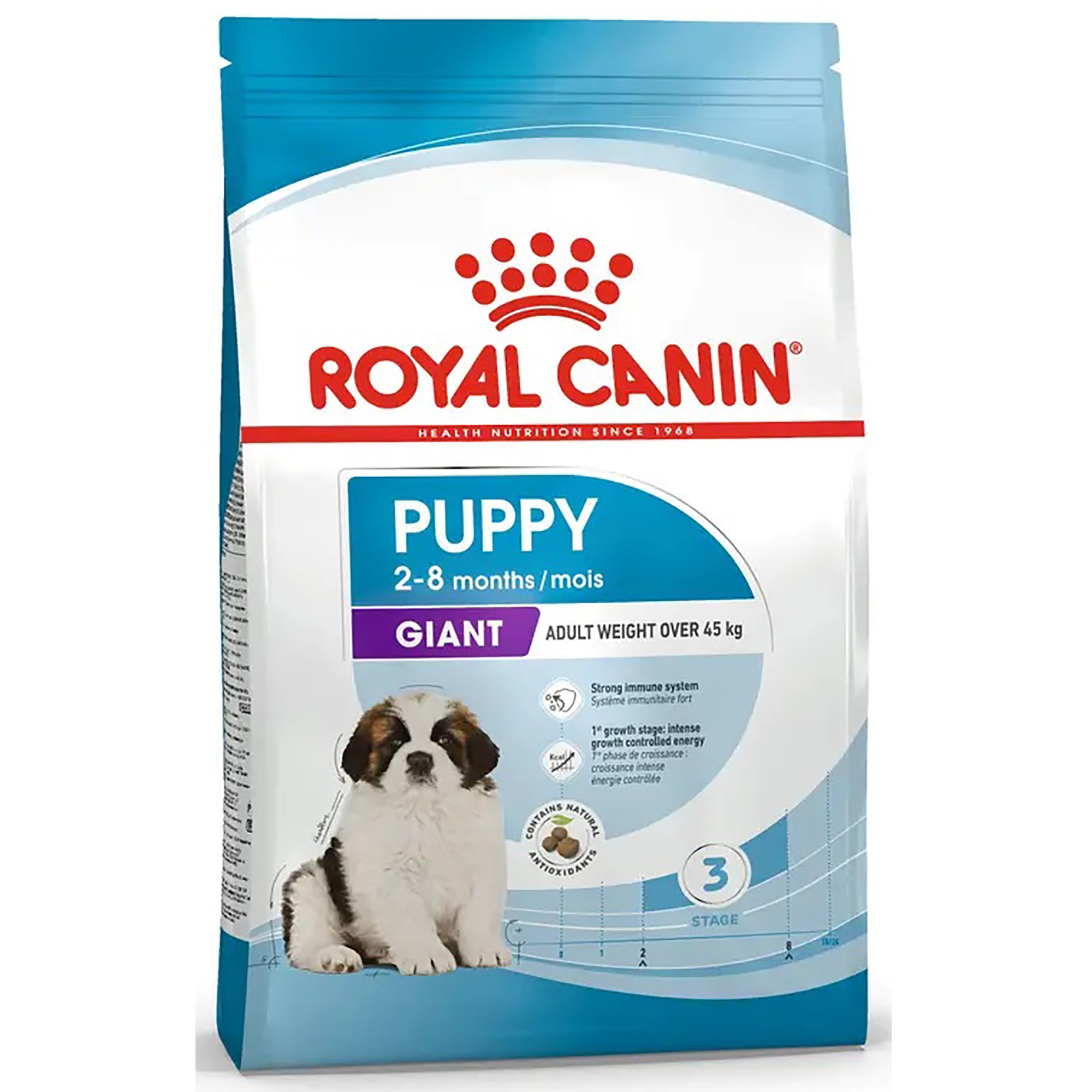 A 3 kg bag of Royal Canin Giant Puppy dog food, featuring a white and blue bag with a picture of a puppy and the red Royal Canin logo.