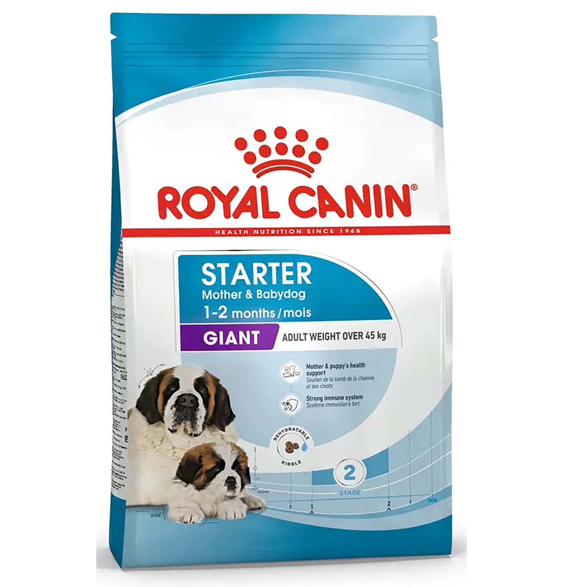 A bag of Royal Canin Starter Giant dog food for adult dogs over 45 kg, featuring a blue and white package design with a red Royal Canin logo and photos of two Saint Bernard dogs.