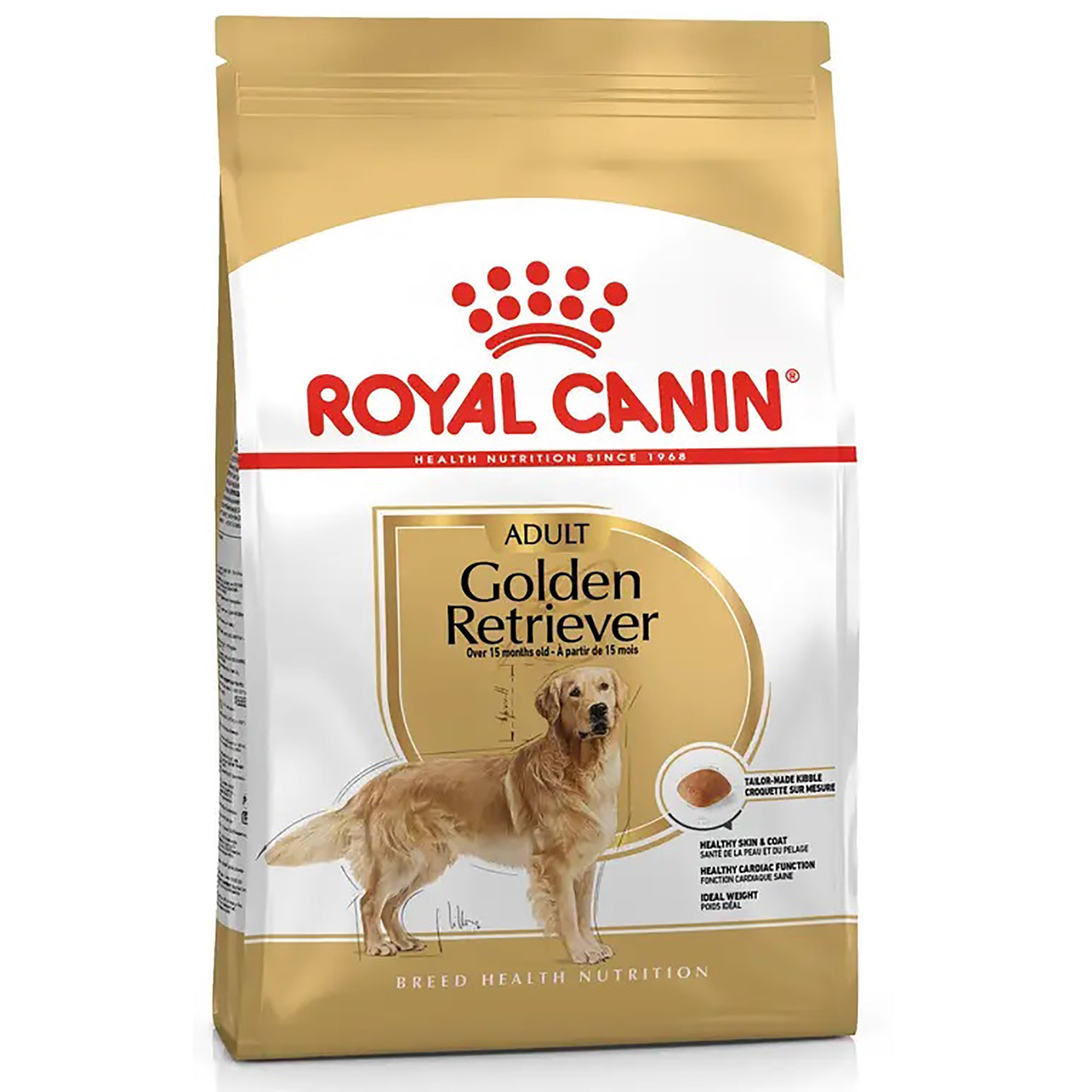 A bag of Royal Canin Adult Golden Retriever dog food, featuring a white and gold package with a picture of a golden retriever and the red Royal Canin logo.