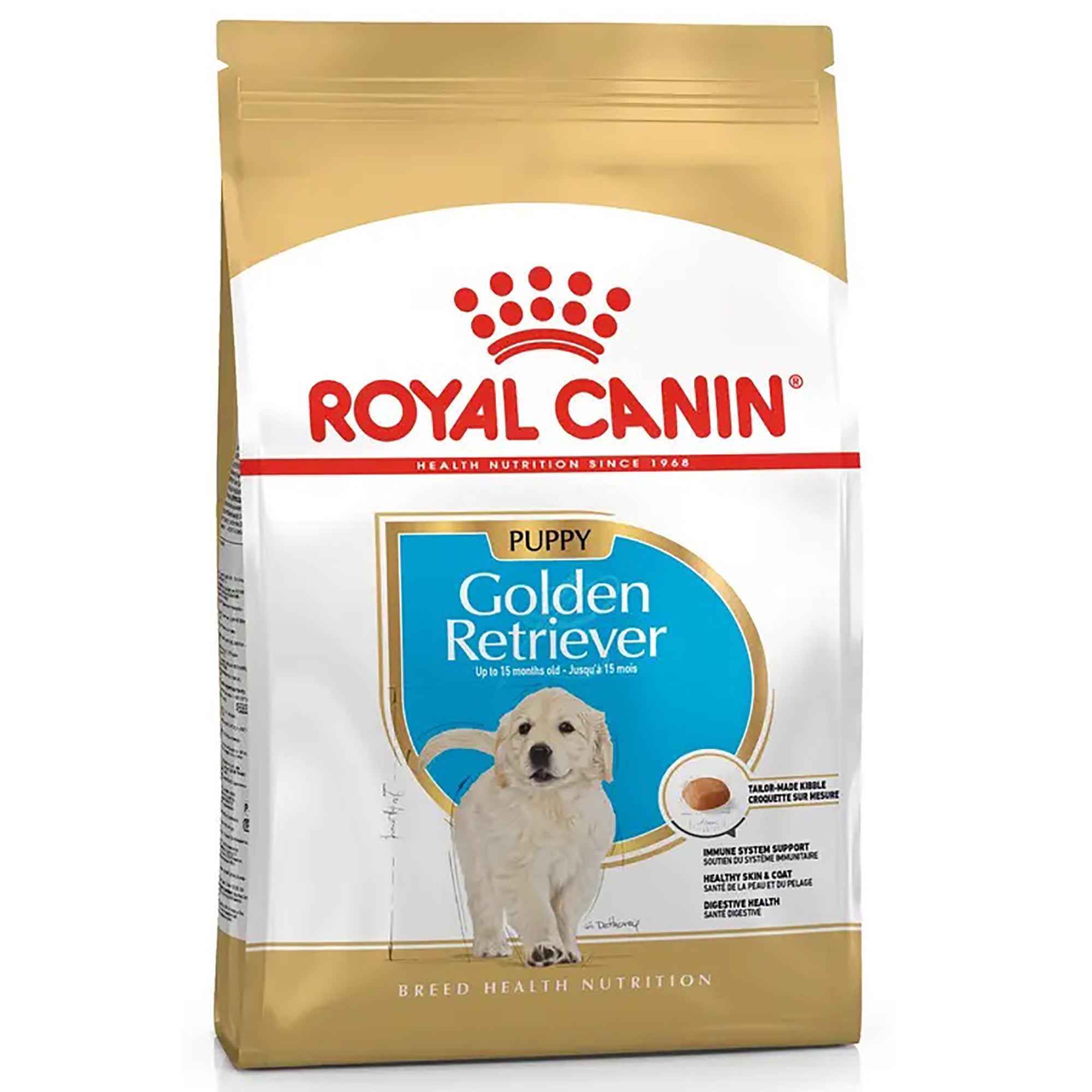 A bag of Royal Canin Golden Retriever puppy dog food, featuring a white and gold package with a picture of a golden retriever and a blue label.
