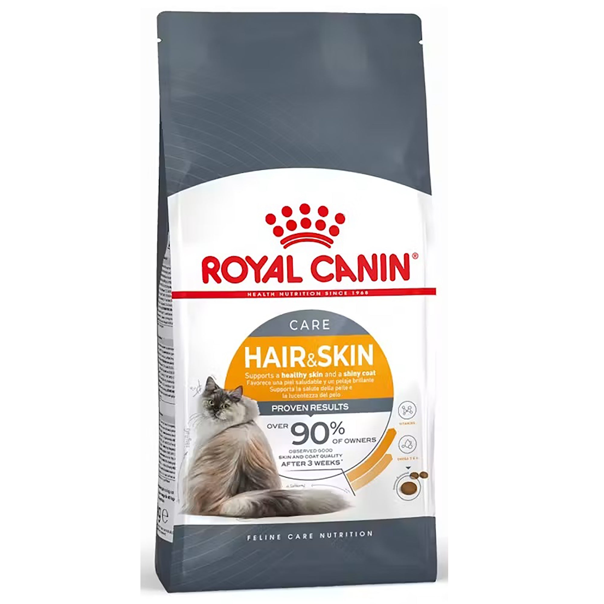A bag of Royal Canin Hair & Skin cat food, featuring a white and dark gray package with a red Royal Canin logo, an orange circular badge, and a photo of a cat on the front.