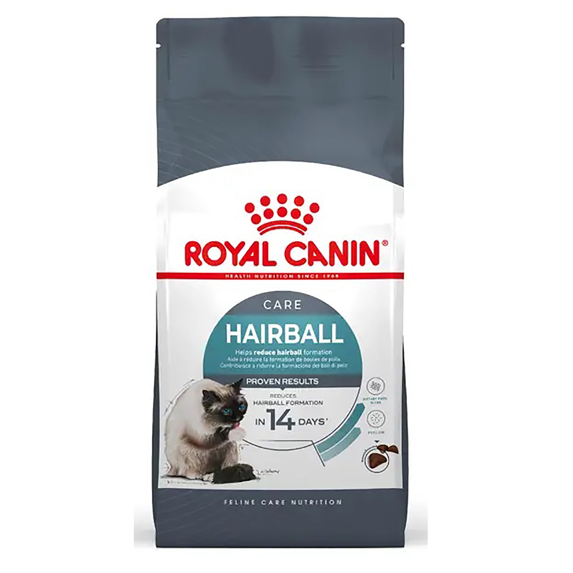 A bag of Royal Canin Care Hairball cat food, featuring a white and dark gray package with the red Royal Canin logo and a picture of a cat on the front.