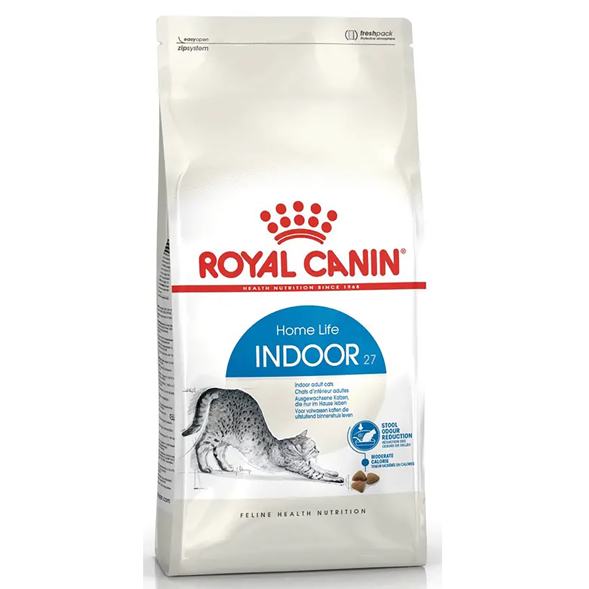 A bag of Royal Canin Home Life Indoor 27 cat food, featuring a white package with red and blue branding and an illustration of a cat.
